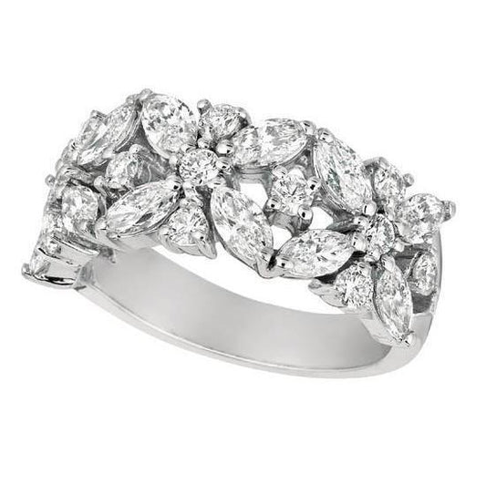 2 Carati Marquise E Genuino Diamante Rotondo Fascia Di Fidanzamento Oro Bianco 14K Nuovo