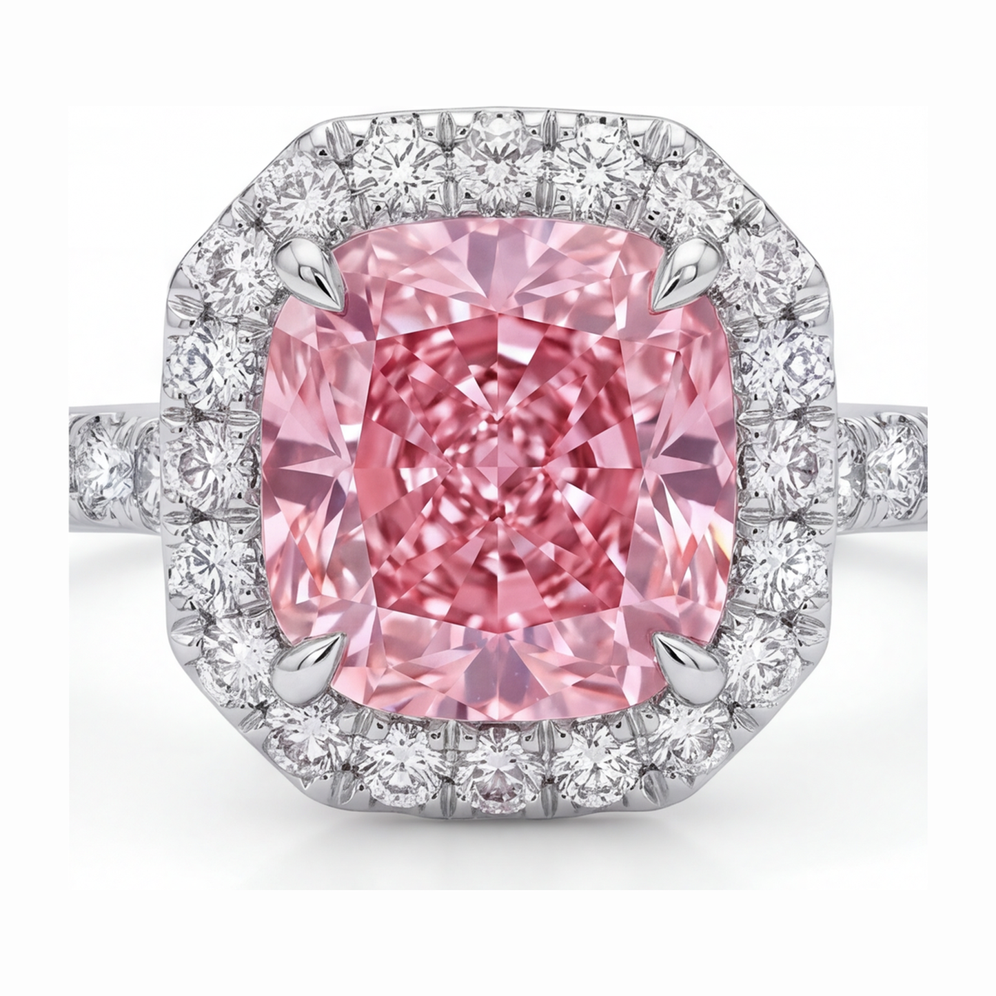 Anello con diamante rosa da laboratorio da 3,25 carati taglio a cuscino Halo pavé in oro bianco 14K