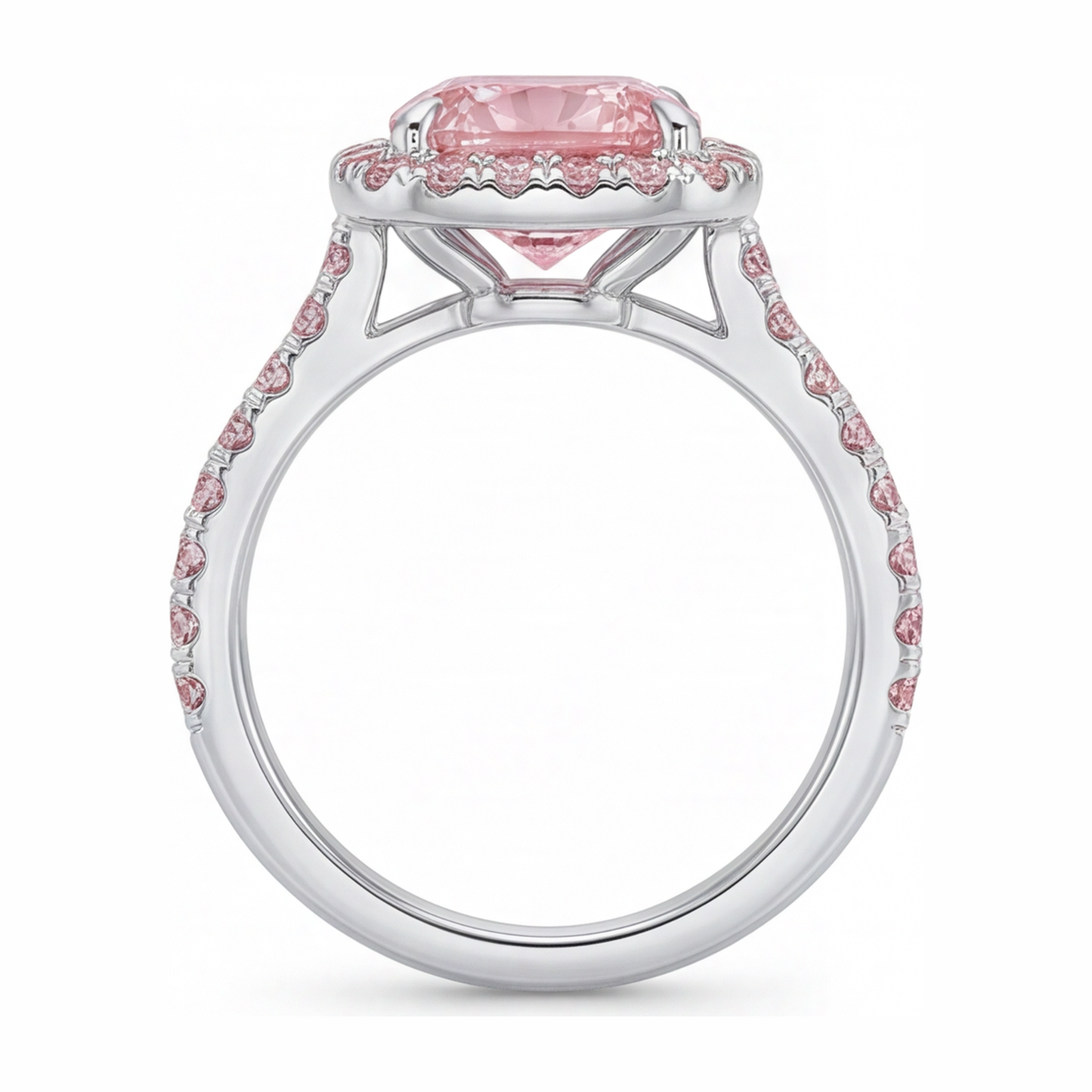 Anello di Fidanzamento Rosa con Diamante Taglio Cuscino da Laboratorio da 3,25 Carati Halo Pavé in Oro Bianco 14K