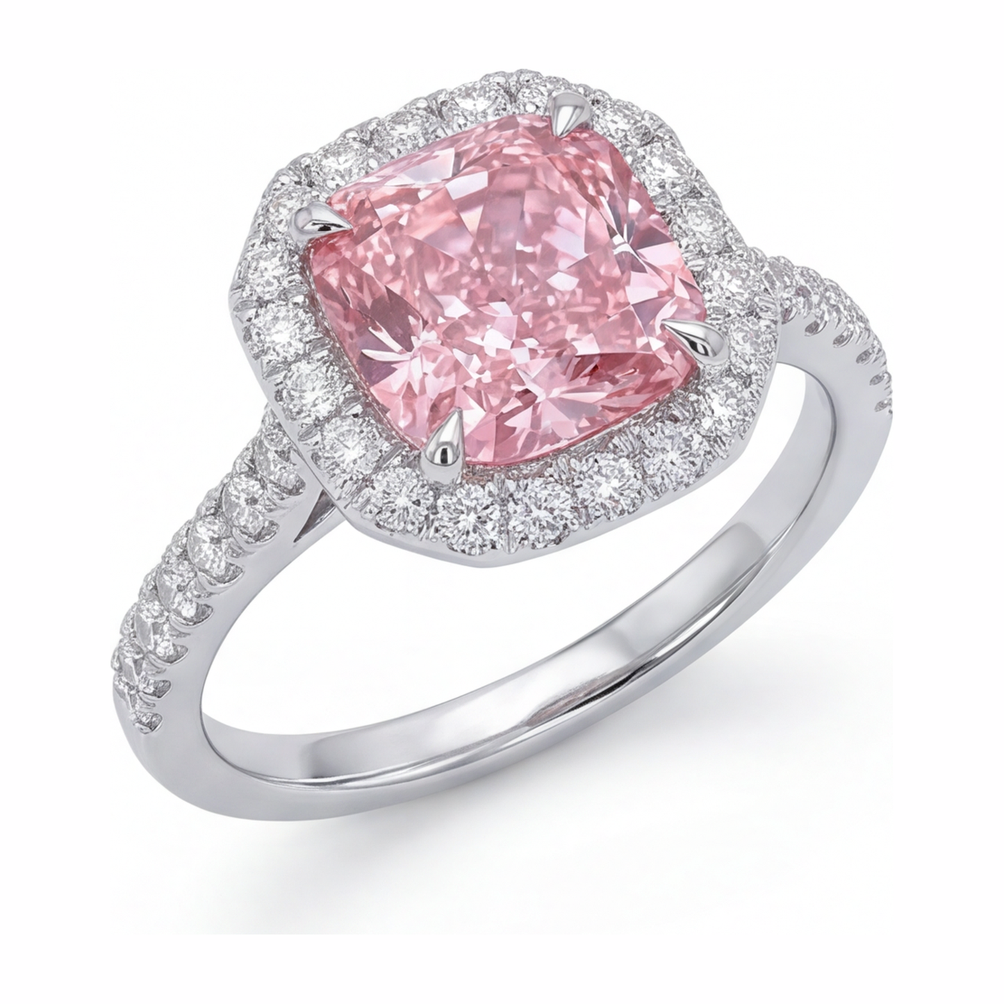 Anello con diamante rosa da laboratorio da 3,25 carati taglio a cuscino Halo pavé in oro bianco 14K