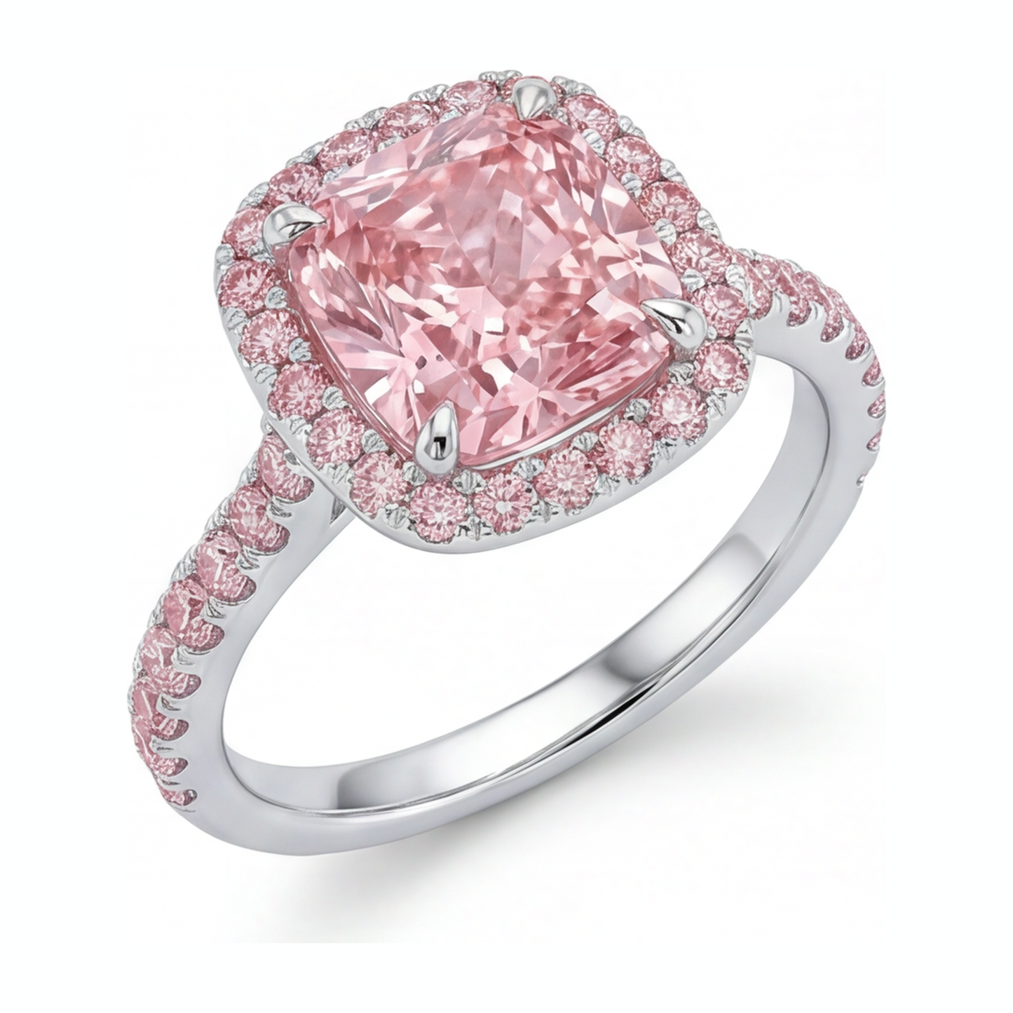 Anello di Fidanzamento Rosa con Diamante Taglio Cuscino da Laboratorio da 3,25 Carati Halo Pavé in Oro Bianco 14K
