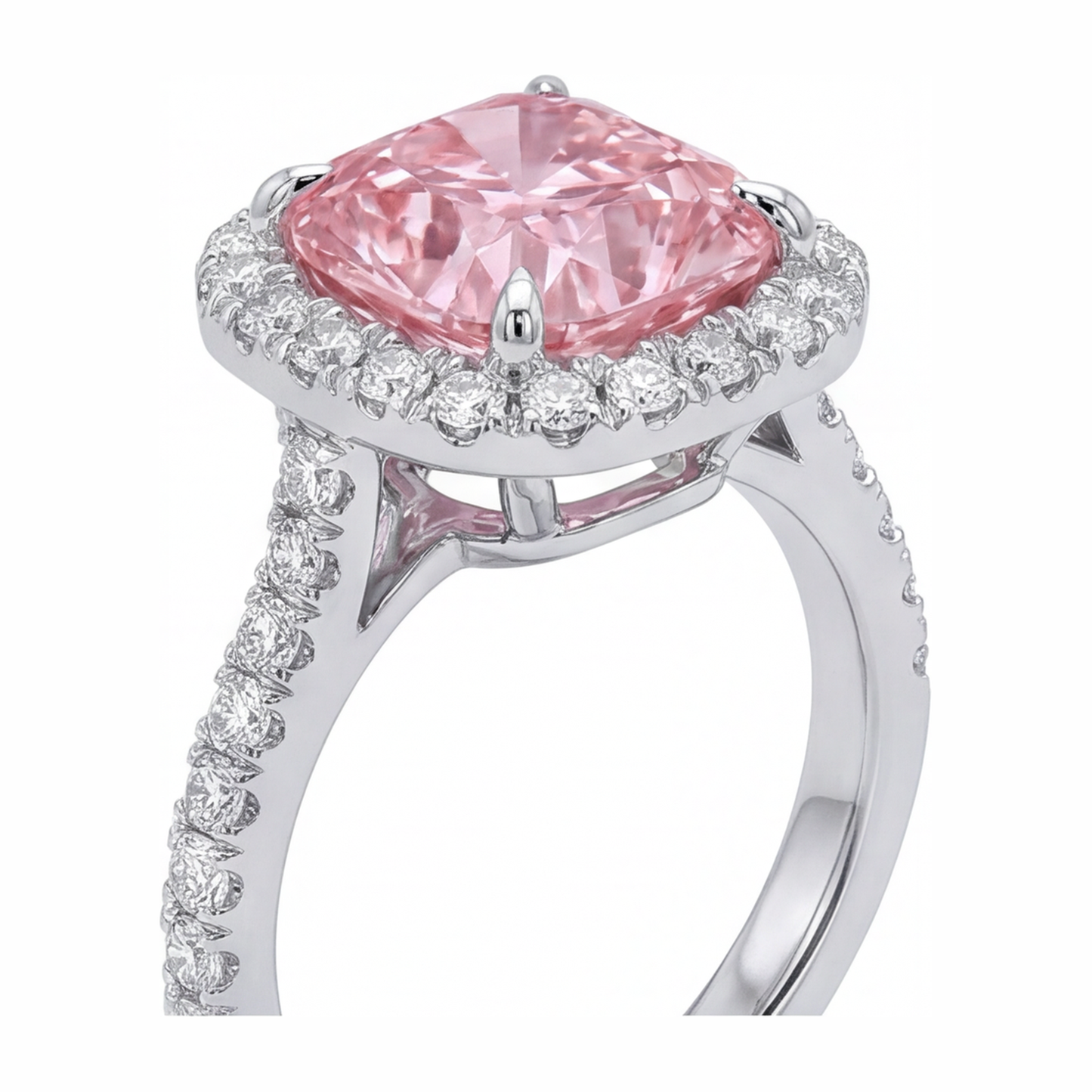 Anello con diamante rosa da laboratorio da 3,25 carati taglio a cuscino Halo pavé in oro bianco 14K