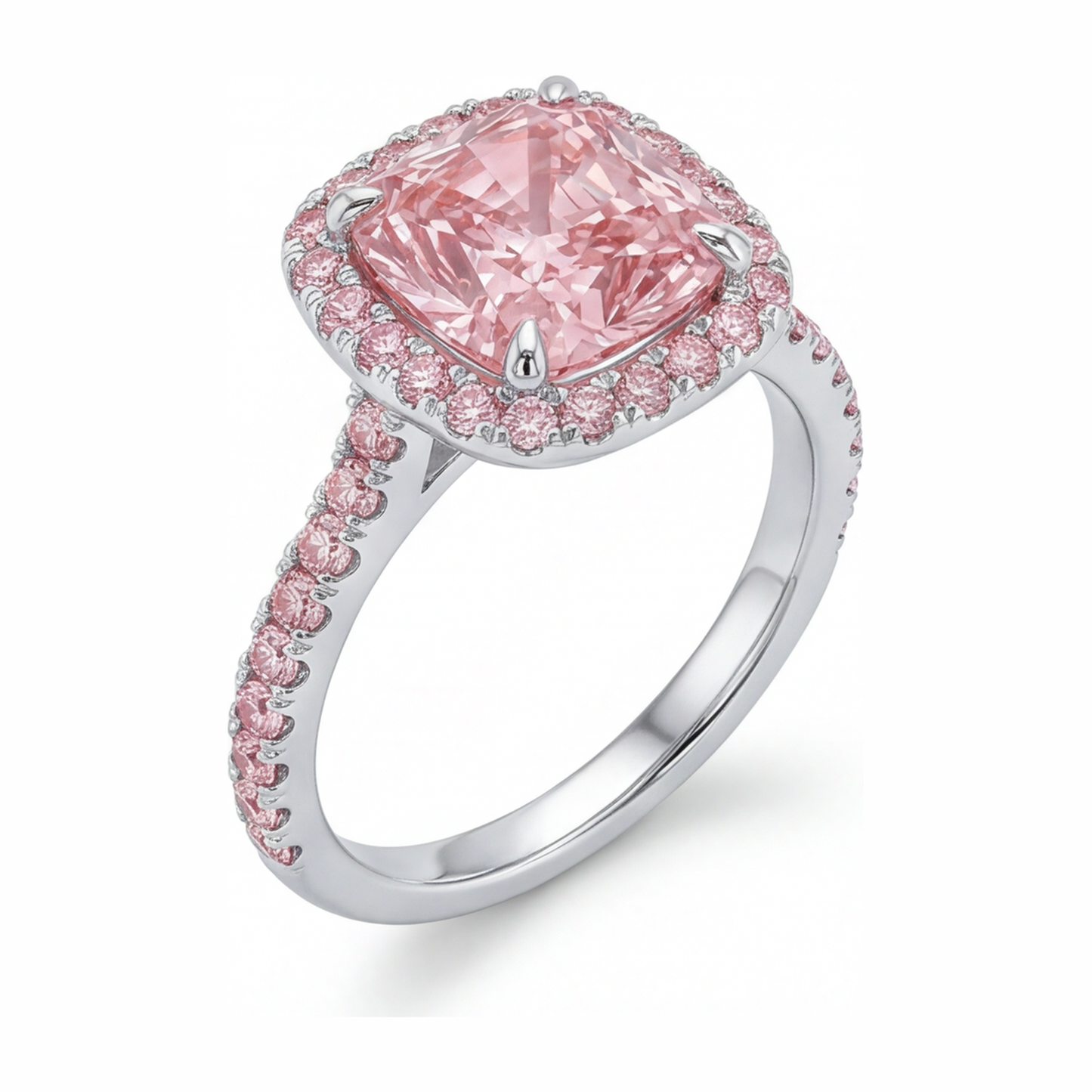 Anello di Fidanzamento Rosa con Diamante Taglio Cuscino da Laboratorio da 3,25 Carati Halo Pavé in Oro Bianco 14K