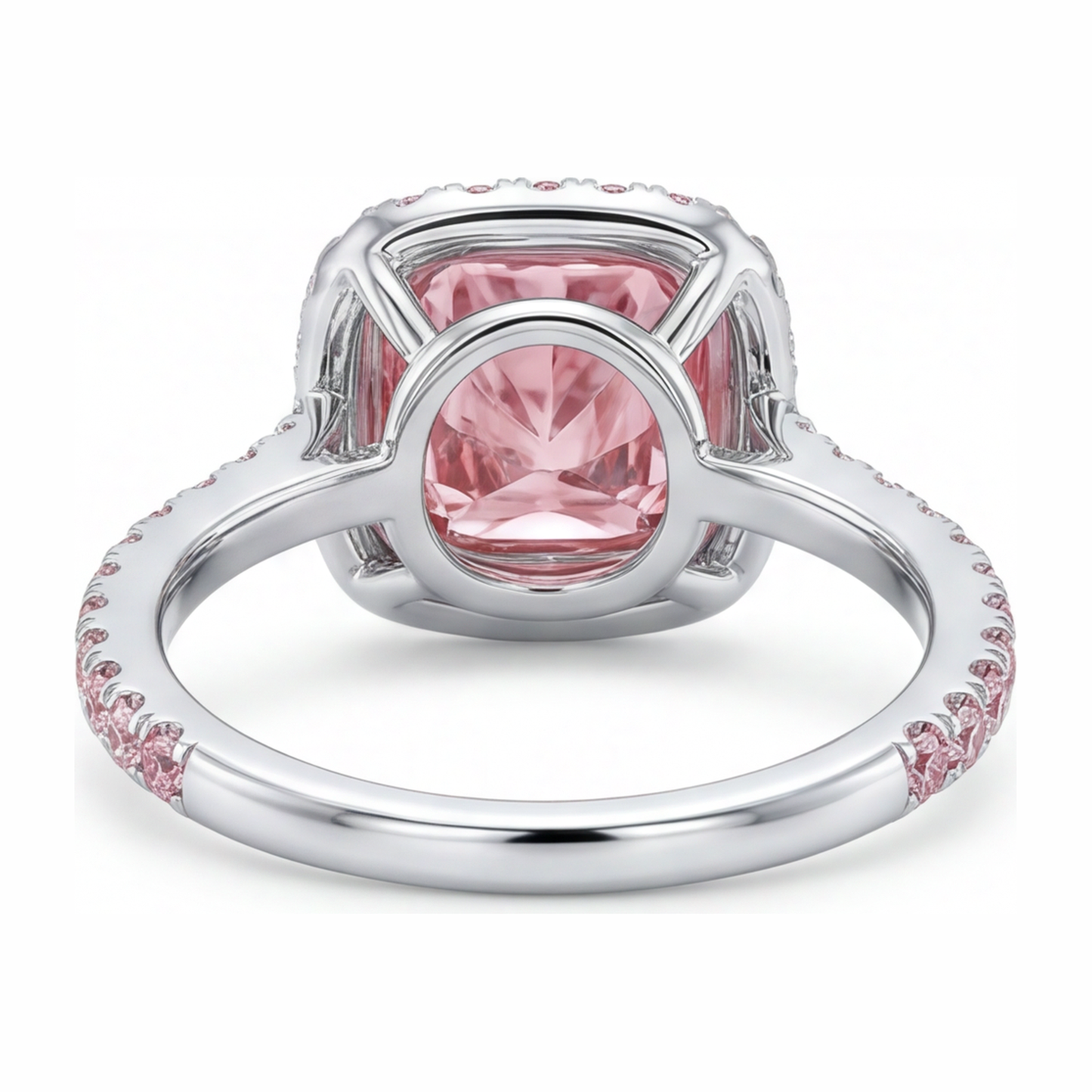 Anello di Fidanzamento Rosa con Diamante Taglio Cuscino da Laboratorio da 3,25 Carati Halo Pavé in Oro Bianco 14K