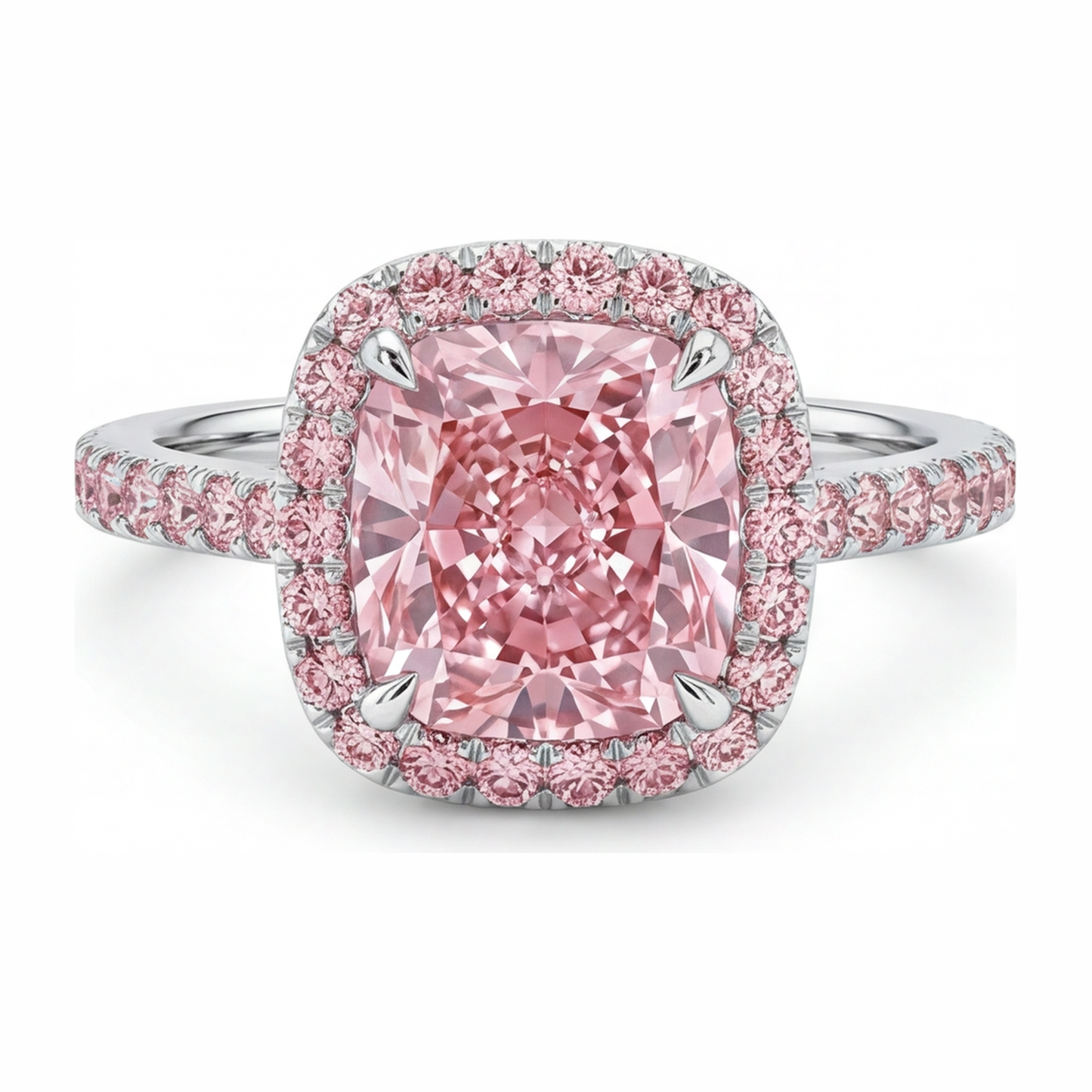 Anello di Fidanzamento Rosa con Diamante Taglio Cuscino da Laboratorio da 3,25 Carati Halo Pavé in Oro Bianco 14K