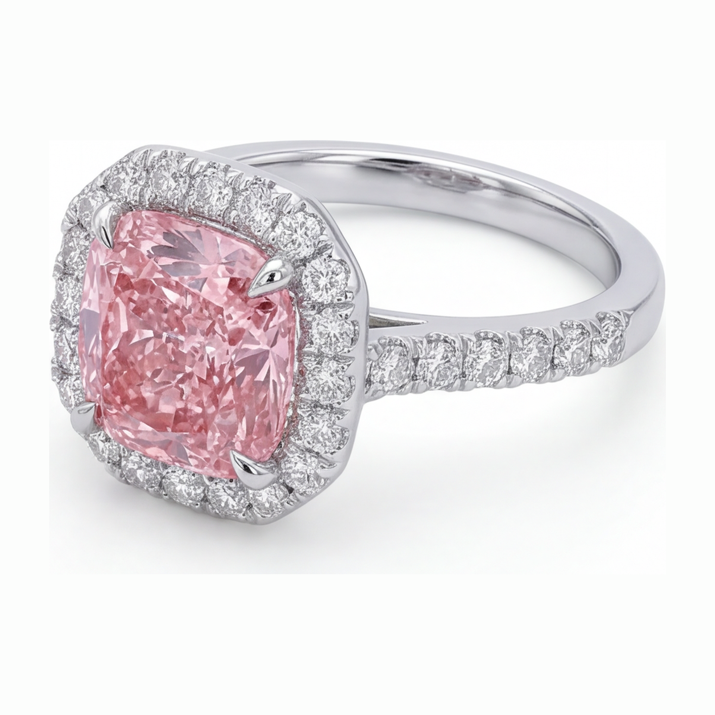 Anello con diamante rosa da laboratorio da 3,25 carati taglio a cuscino Halo pavé in oro bianco 14K