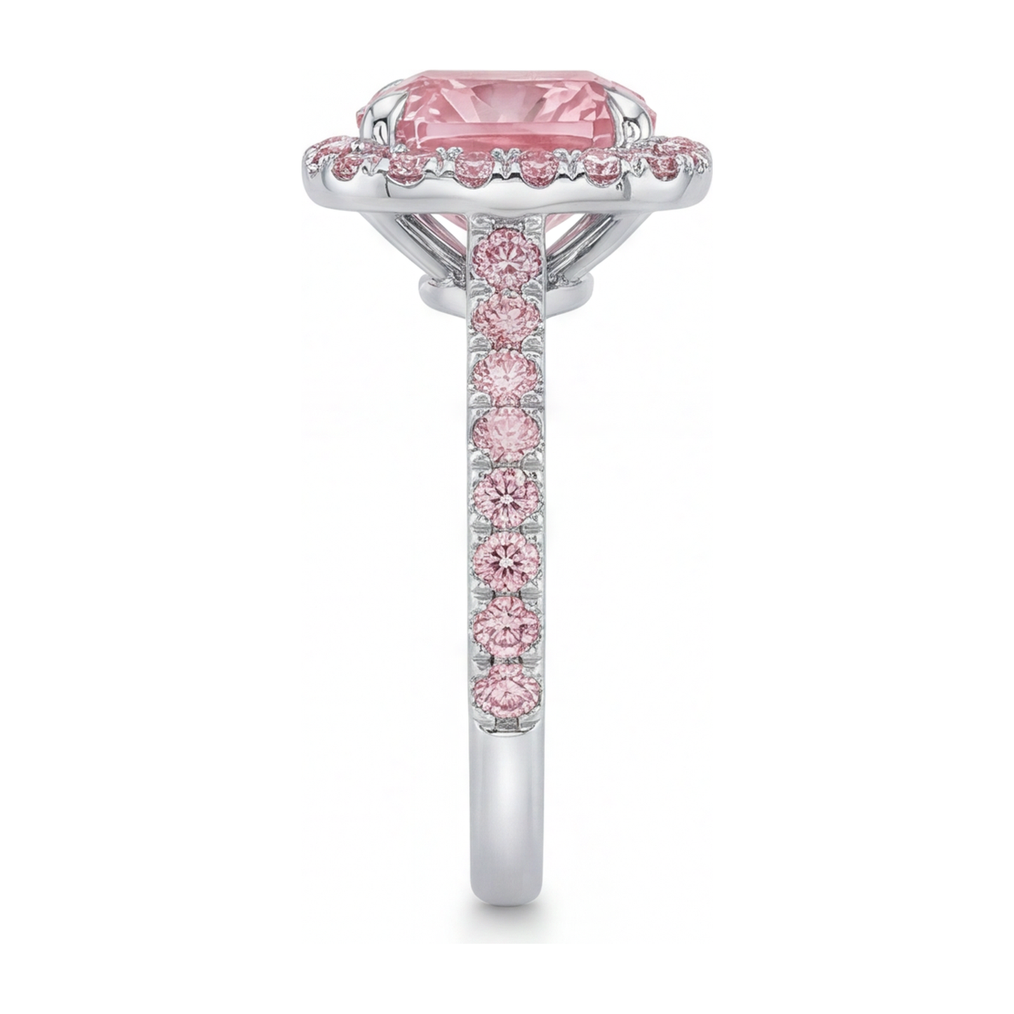 Anello di Fidanzamento Rosa con Diamante Taglio Cuscino da Laboratorio da 3,25 Carati Halo Pavé in Oro Bianco 14K