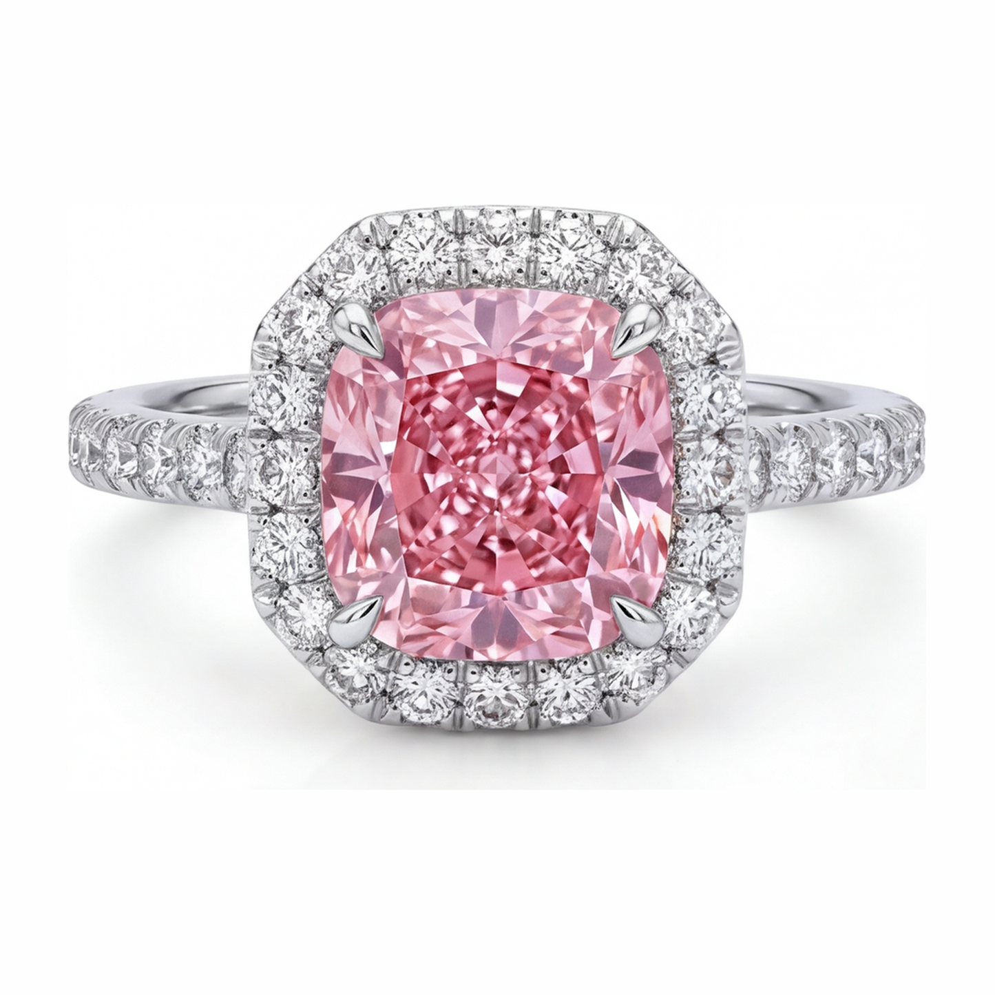 Anello con diamante rosa da laboratorio da 3,25 carati taglio a cuscino Halo pavé in oro bianco 14K