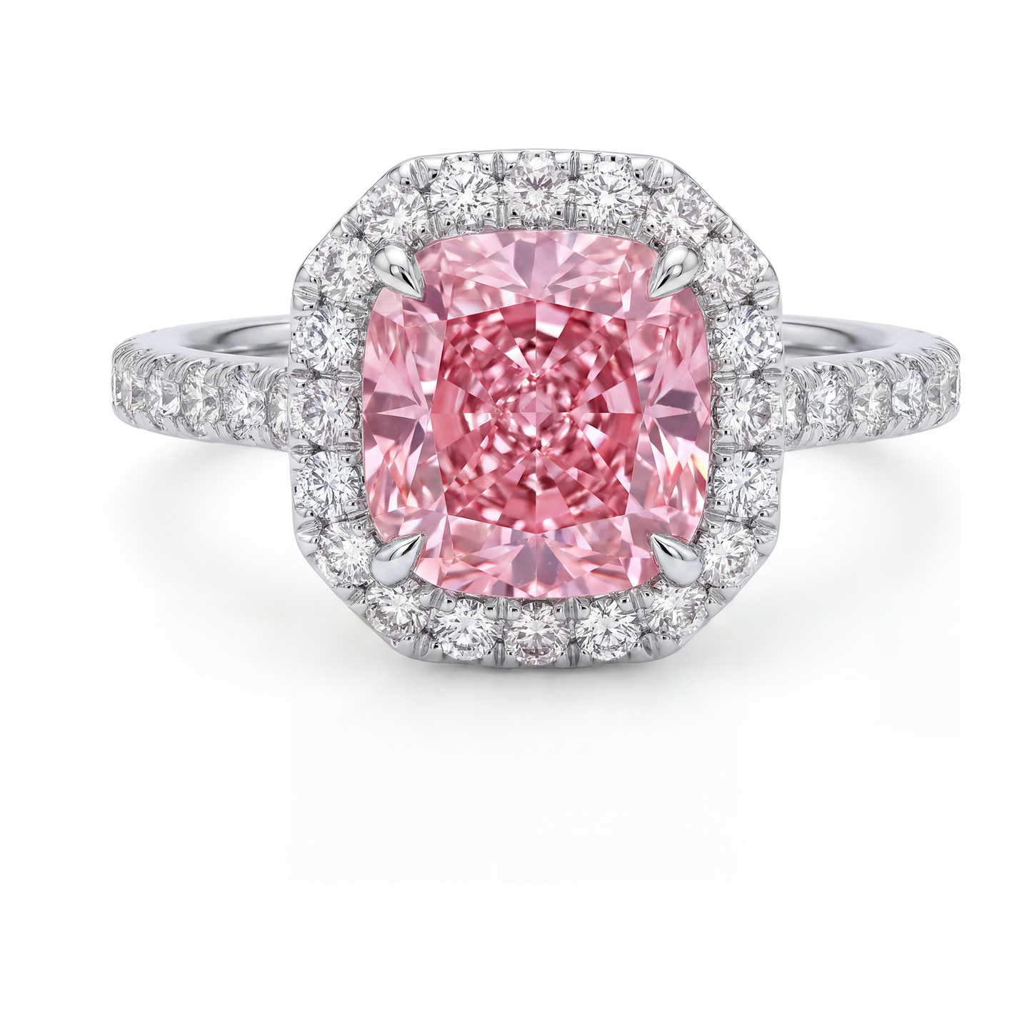Anello con diamante rosa da laboratorio da 3,25 carati taglio a cuscino Halo pavé in oro bianco 14K