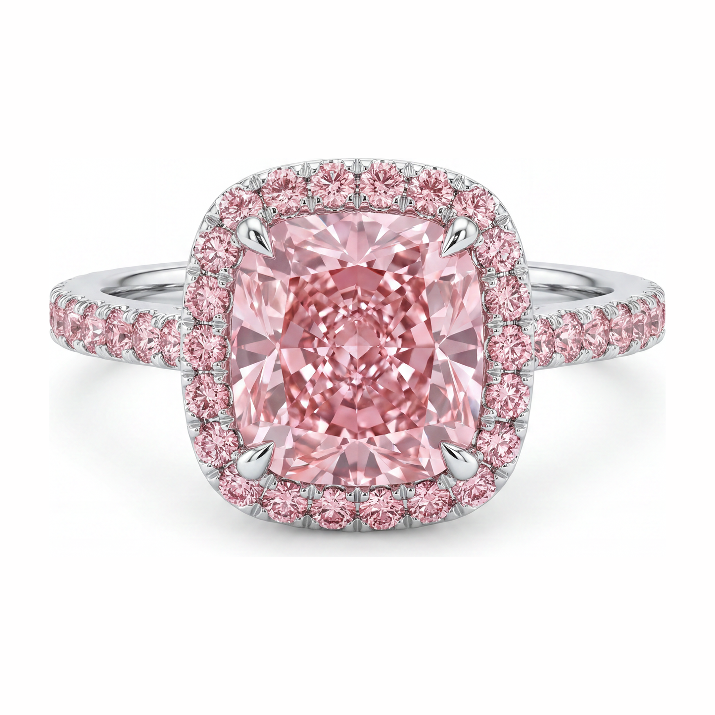 Anello di Fidanzamento Rosa con Diamante Taglio Cuscino da Laboratorio da 3,25 Carati Halo Pavé in Oro Bianco 14K