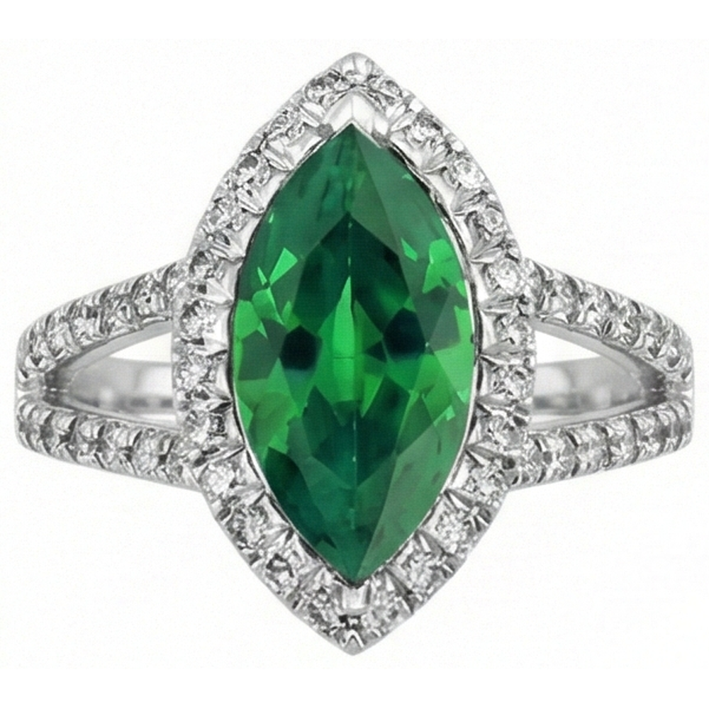 3.35 carati verde smeraldo con diamanti anello a griffe in oro bianco 14K
