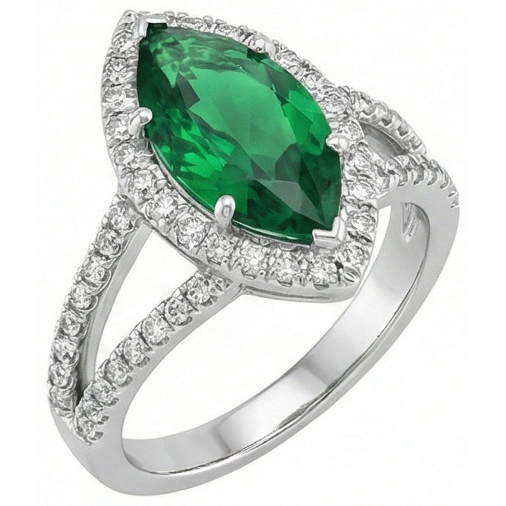 3.35 carati verde smeraldo con diamanti anello a griffe in oro bianco 14K