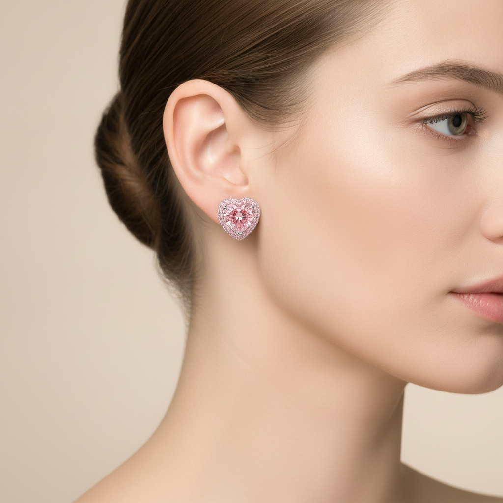Orecchini Halo a cuore con diamanti rosa da laboratorio da 3,5 carati in Oro Bianco 14K