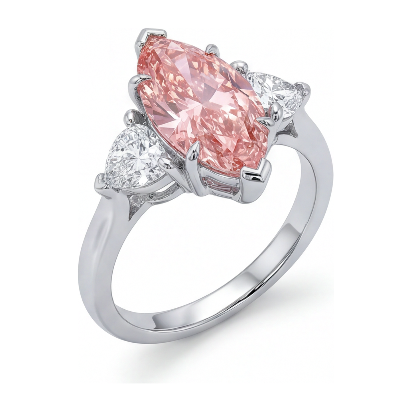 Anello a Tre Pietre con Diamante Rosa da Laboratorio Taglio Marquise da 3,5 Carati in Oro Bianco 14K