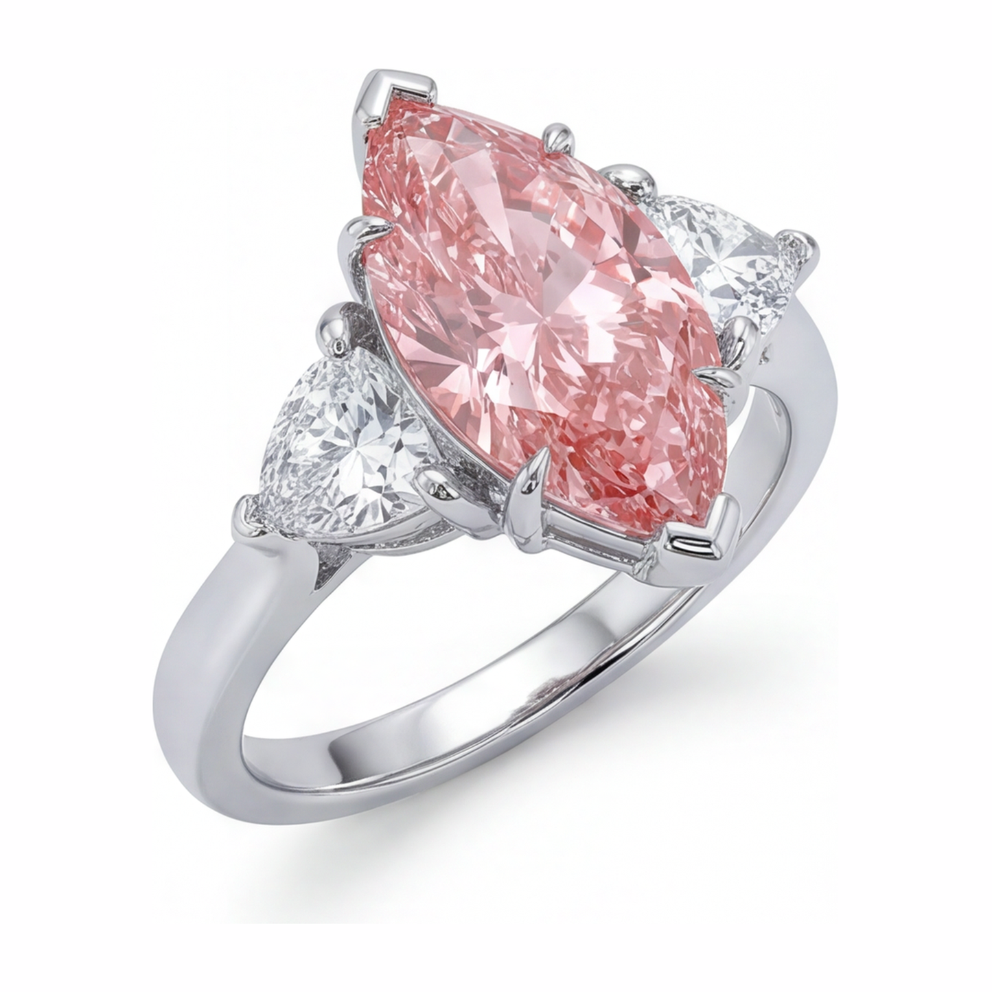 Anello a Tre Pietre con Diamante Rosa da Laboratorio Taglio Marquise da 3,5 Carati in Oro Bianco 14K