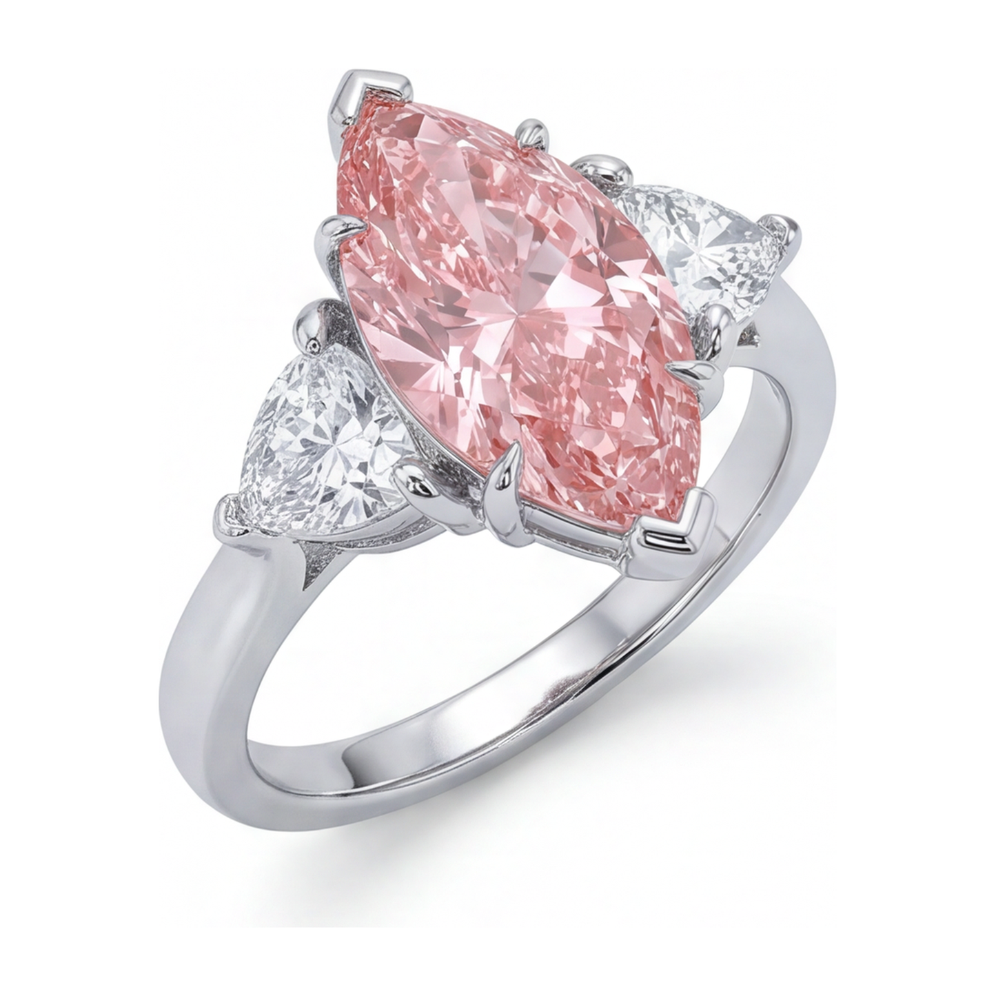 Anello a Tre Pietre con Diamante Rosa da Laboratorio Taglio Marquise da 3,5 Carati in Oro Bianco 14K