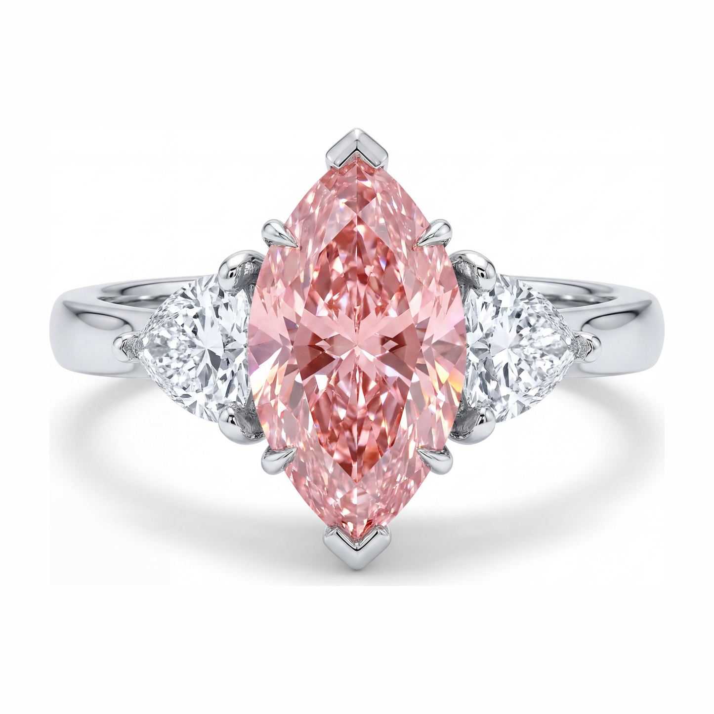 Anello a Tre Pietre con Diamante Rosa da Laboratorio Taglio Marquise da 3,5 Carati in Oro Bianco 14K