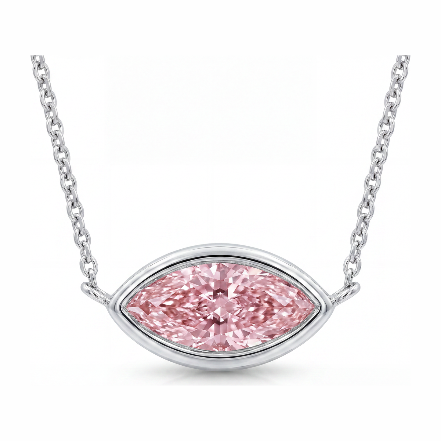 Collana con pendente a lunetta con diamante rosa marquise da laboratorio 3,5 carati in oro bianco 14K