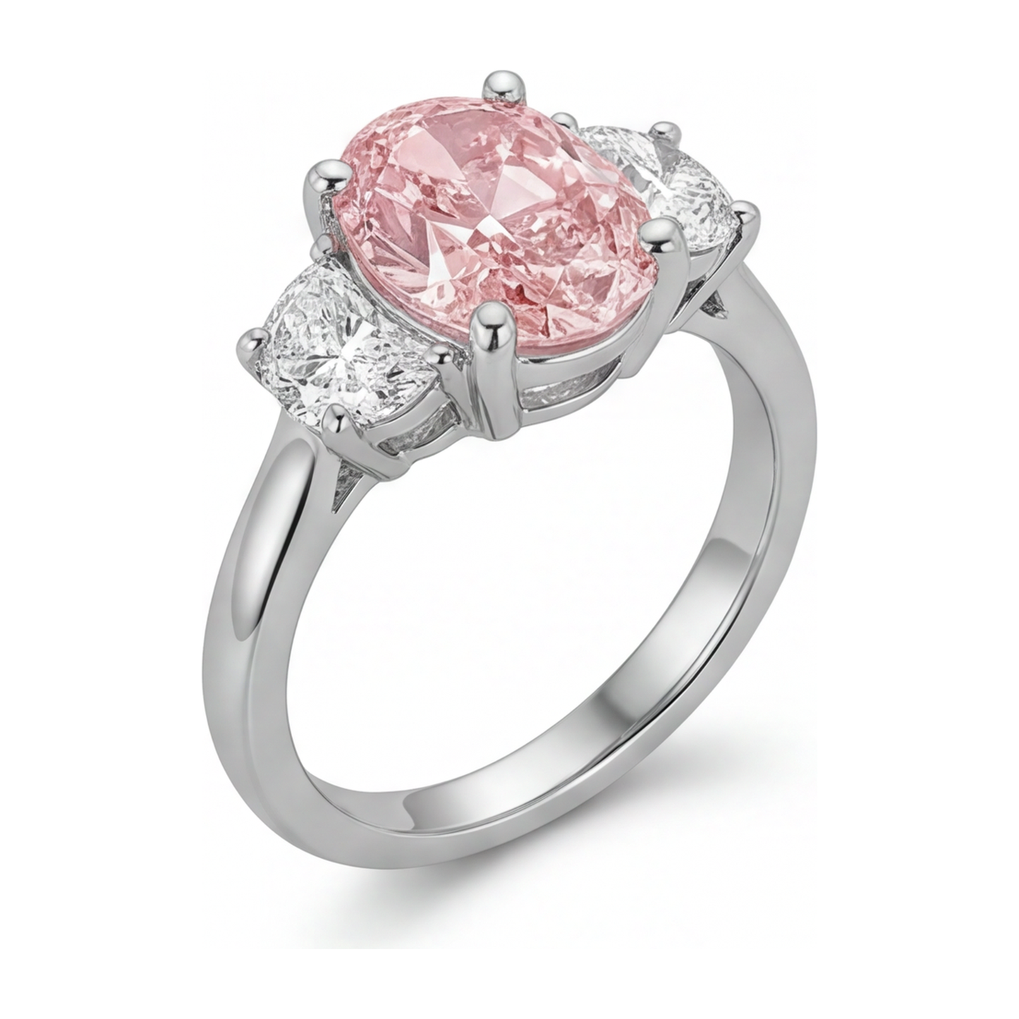 Anello a Tre Pietre con Diamante Rosa da Laboratorio Ovale da 3,5 Carati in Oro Bianco 14K