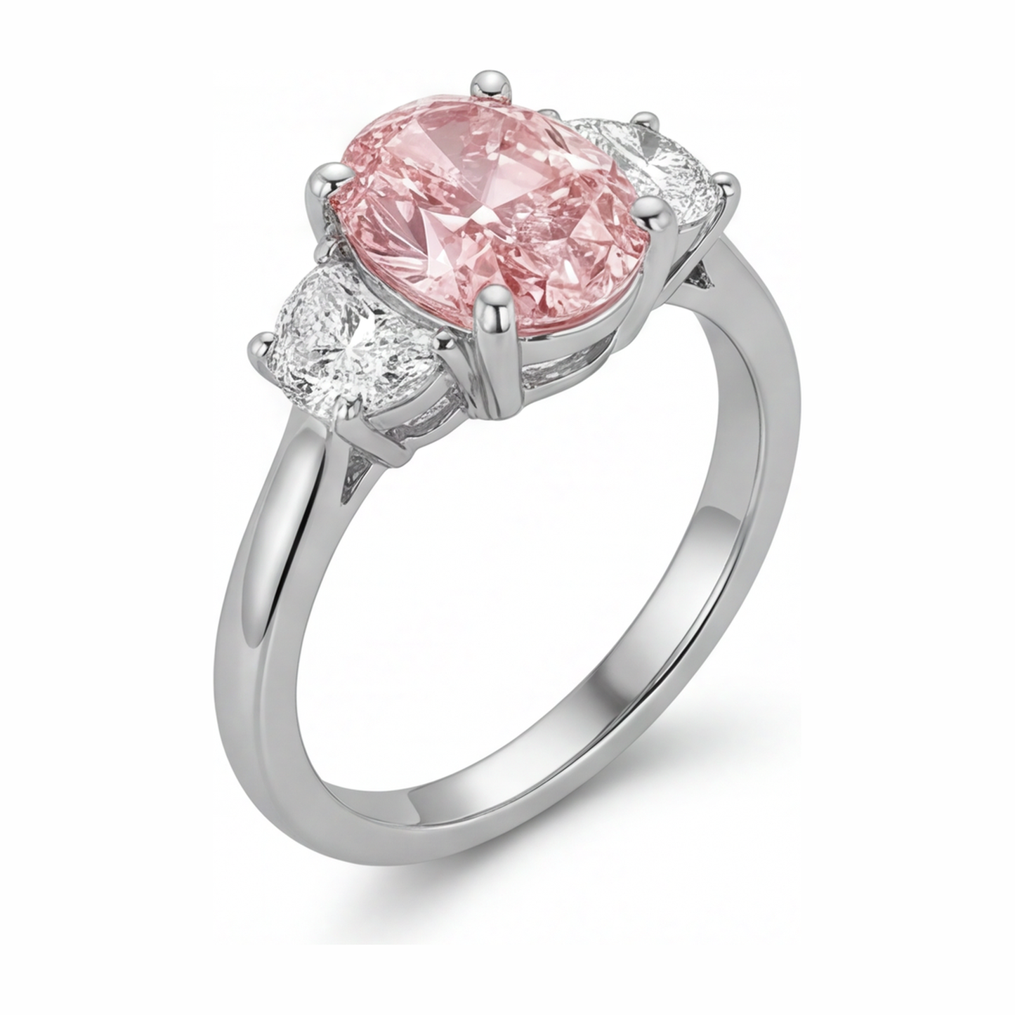 Anello a Tre Pietre con Diamante Rosa da Laboratorio Ovale da 3,5 Carati in Oro Bianco 14K