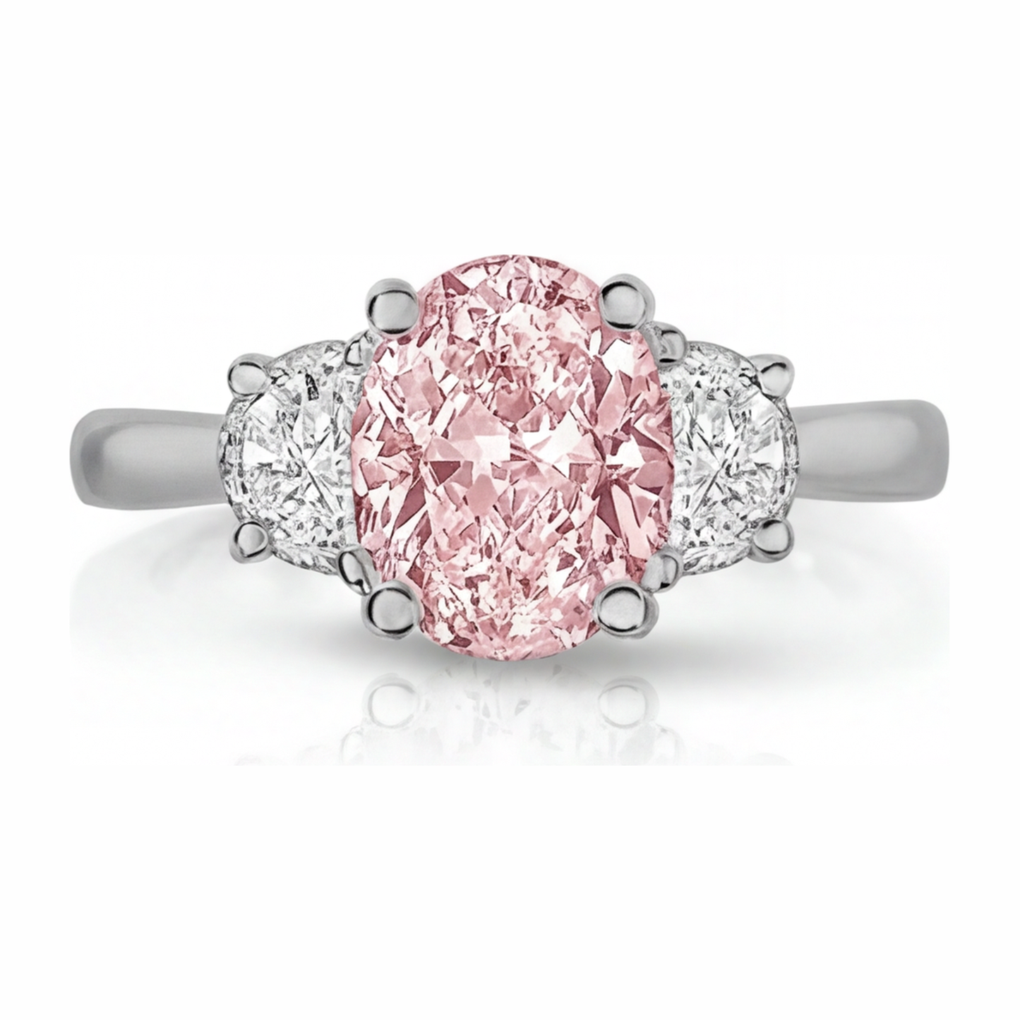 Anello a Tre Pietre con Diamante Rosa da Laboratorio Ovale da 3,5 Carati in Oro Bianco 14K