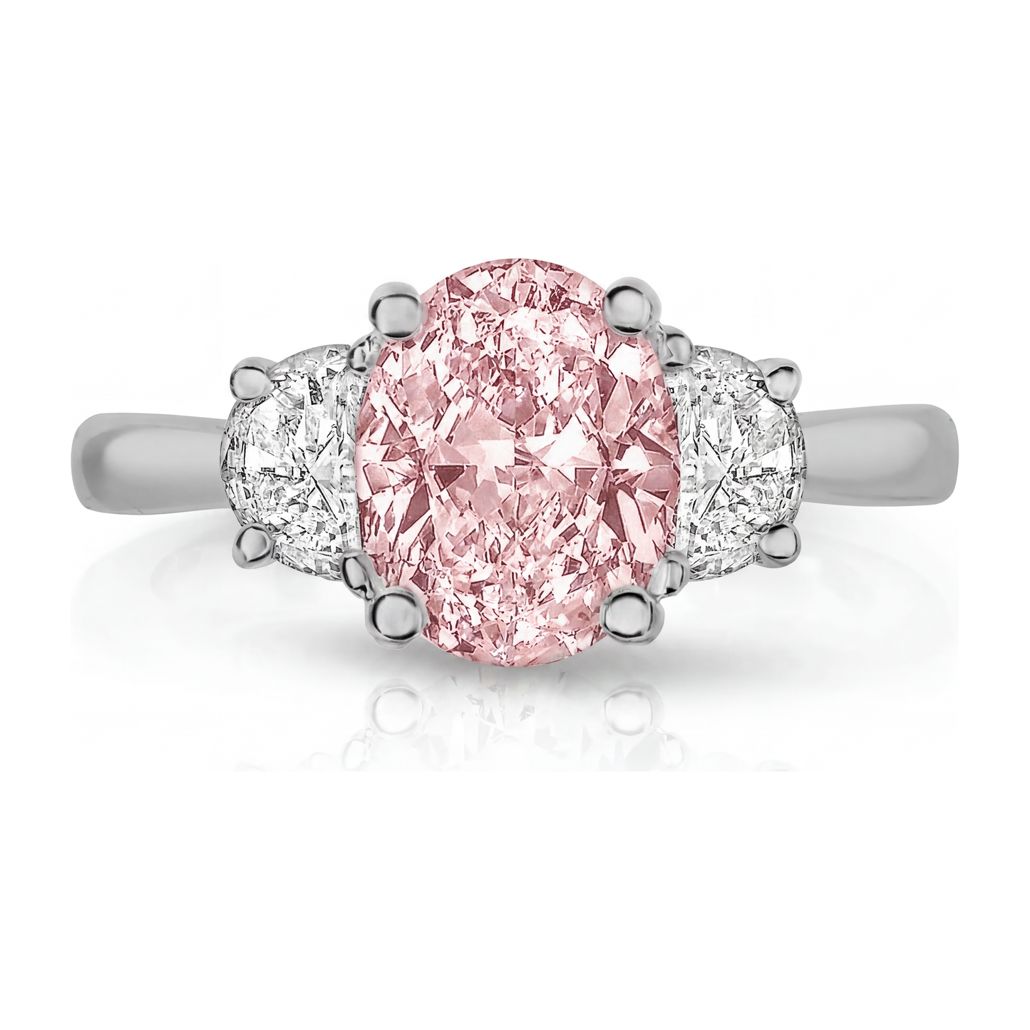 Anello a Tre Pietre con Diamante Rosa da Laboratorio Ovale da 3,5 Carati in Oro Bianco 14K