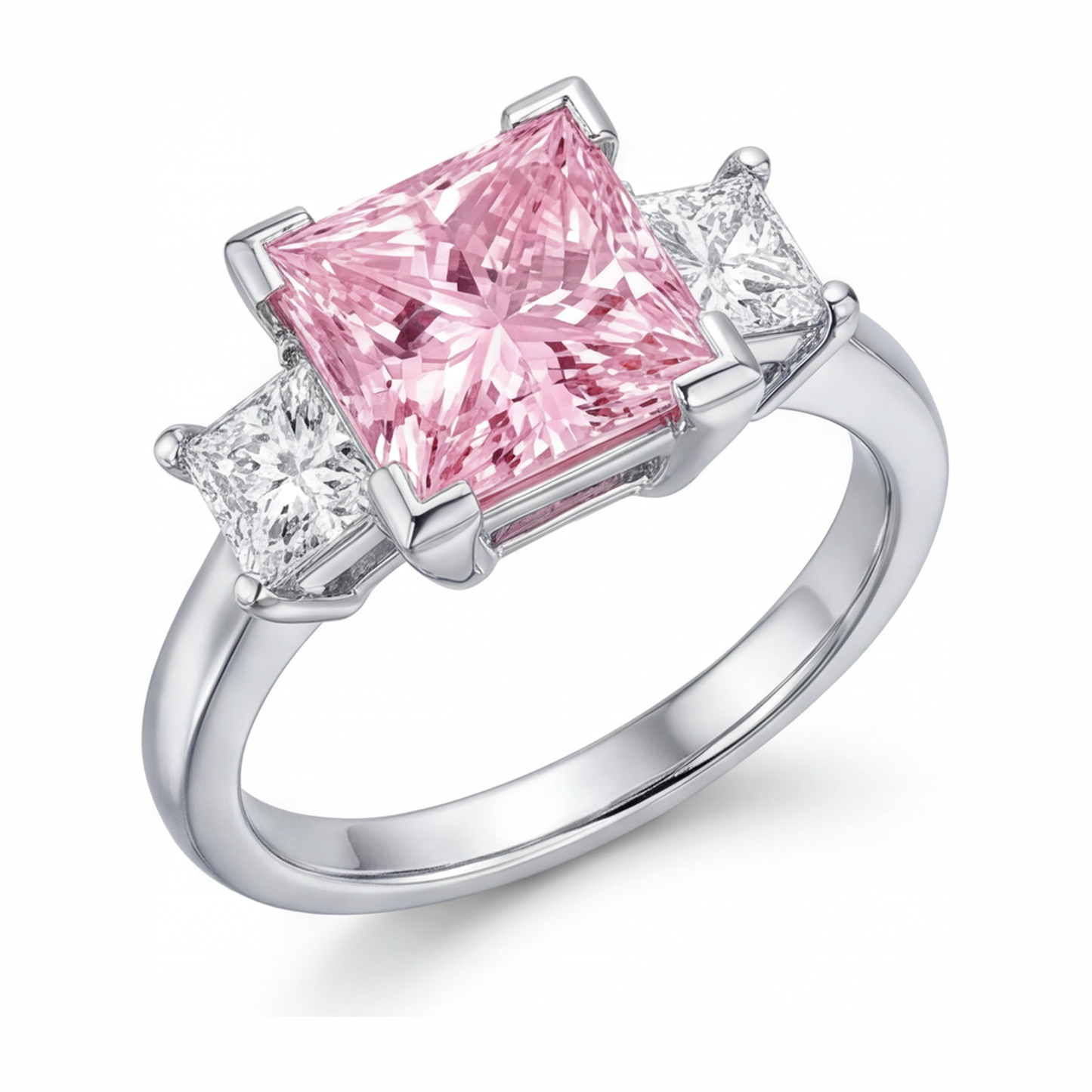 Anello a tre pietre con diamante rosa da laboratorio da 3,5 carati taglio princess in Oro Bianco 14K