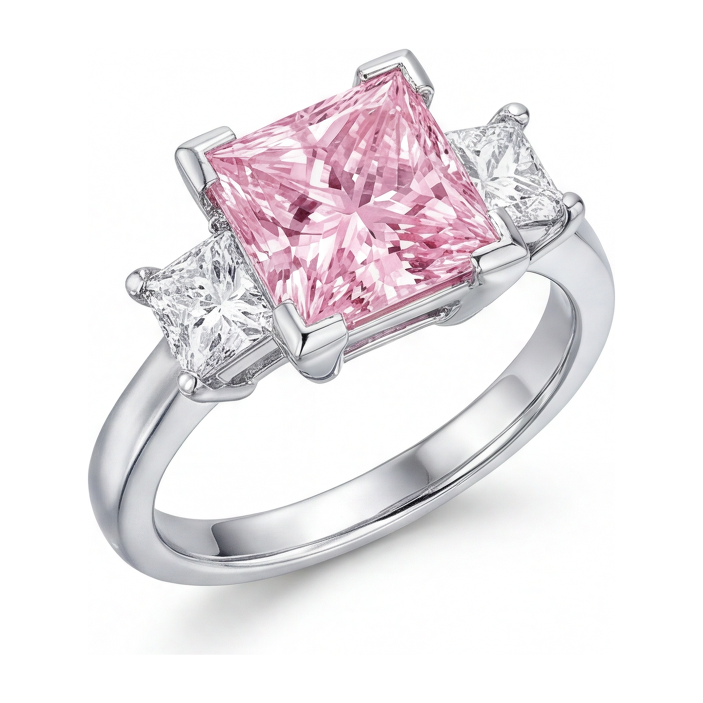 Anello a tre pietre con diamante rosa da laboratorio da 3,5 carati taglio princess in Oro Bianco 14K