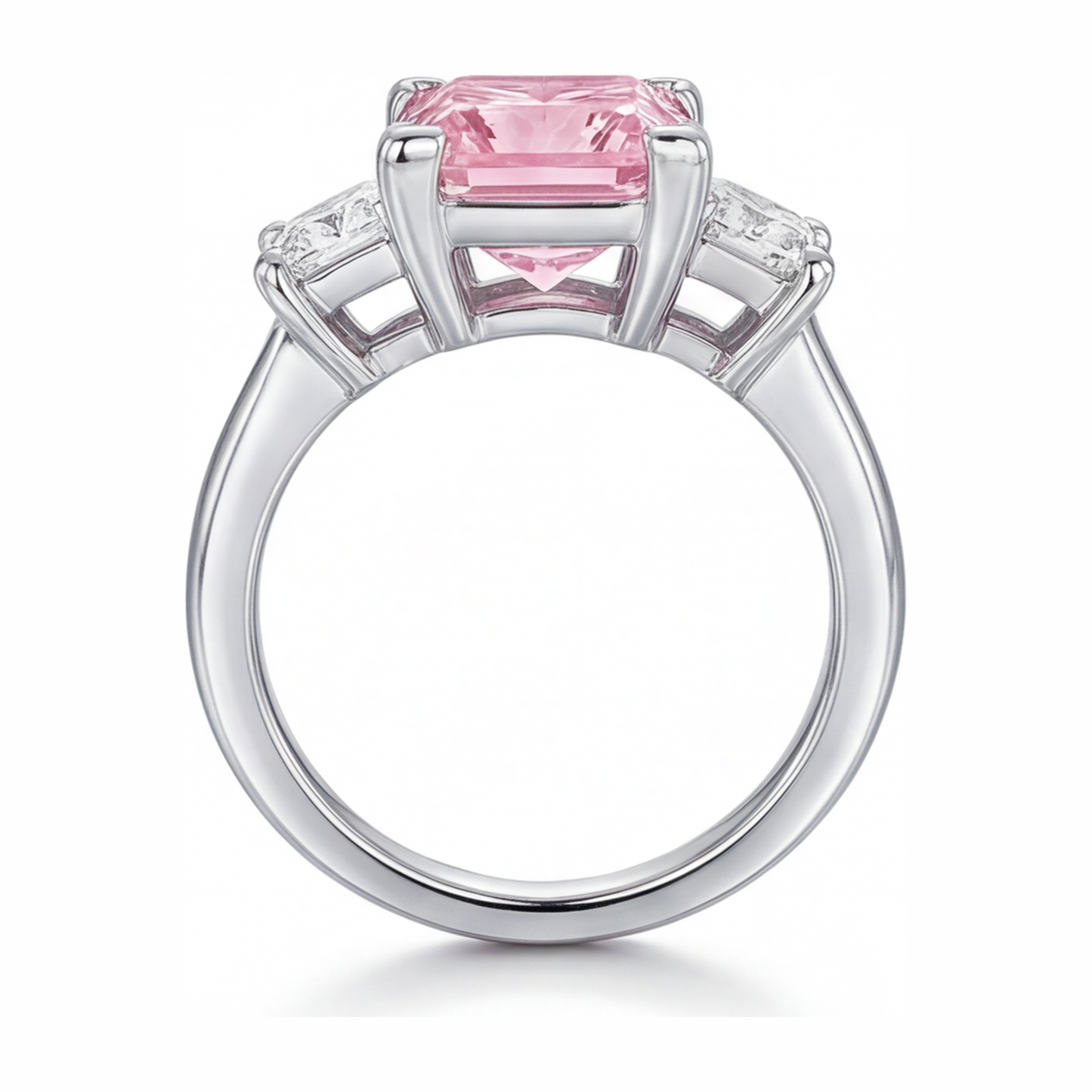 Anello a tre pietre con diamante rosa da laboratorio da 3,5 carati taglio princess in Oro Bianco 14K