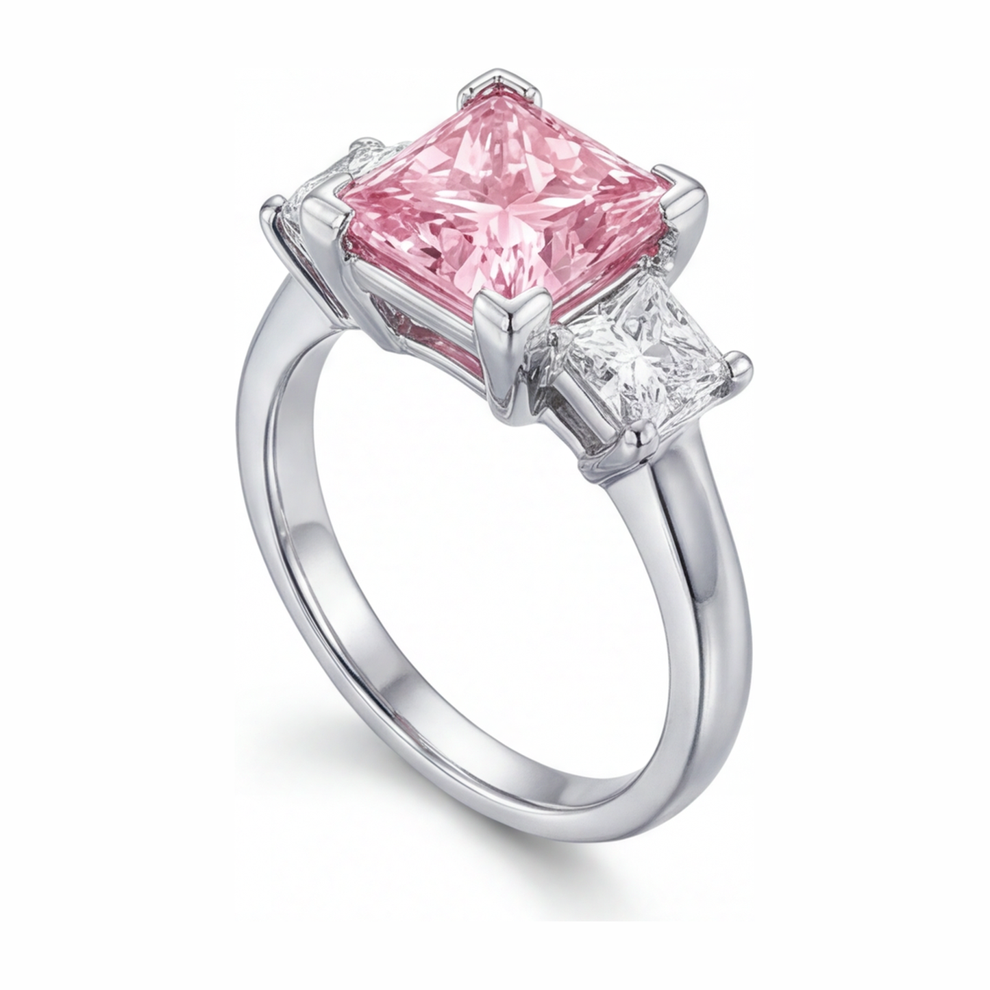 Anello a tre pietre con diamante rosa da laboratorio da 3,5 carati taglio princess in Oro Bianco 14K