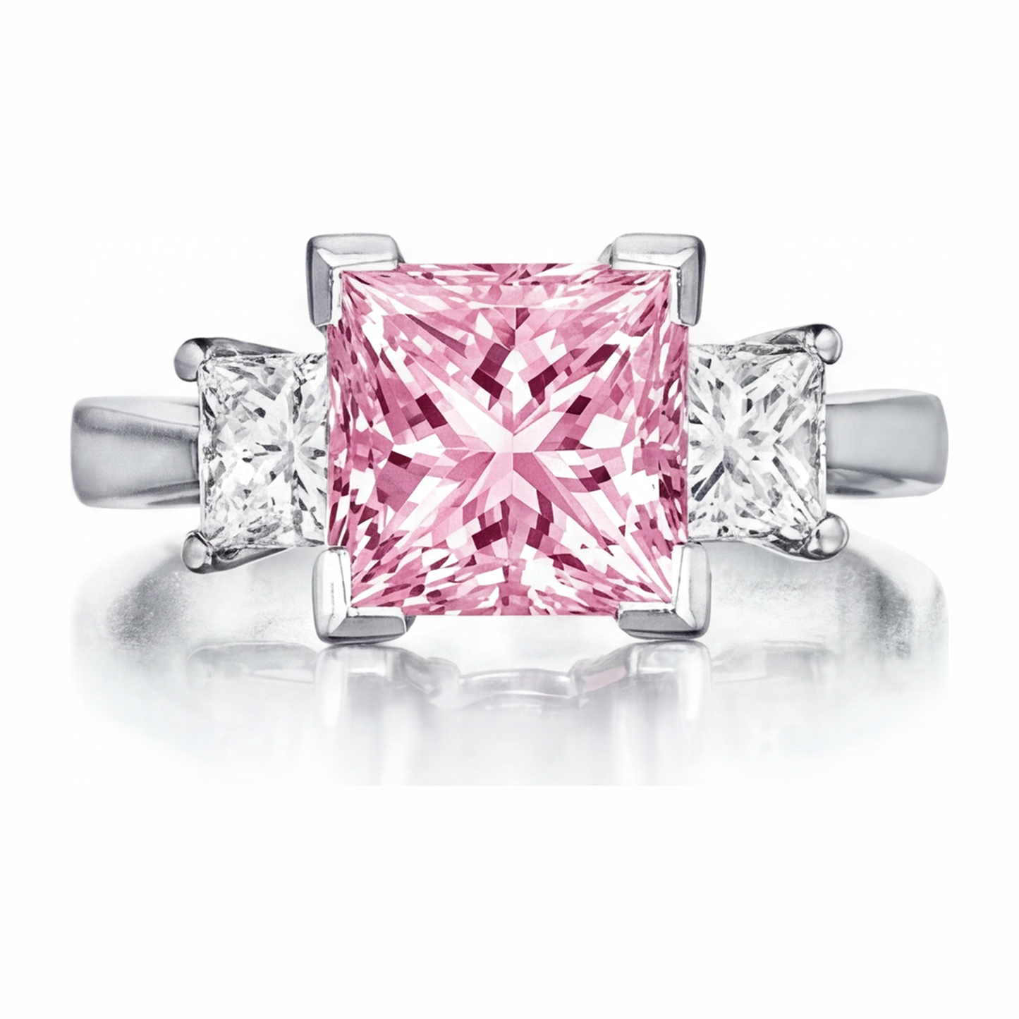 Anello a tre pietre con diamante rosa da laboratorio da 3,5 carati taglio princess in Oro Bianco 14K
