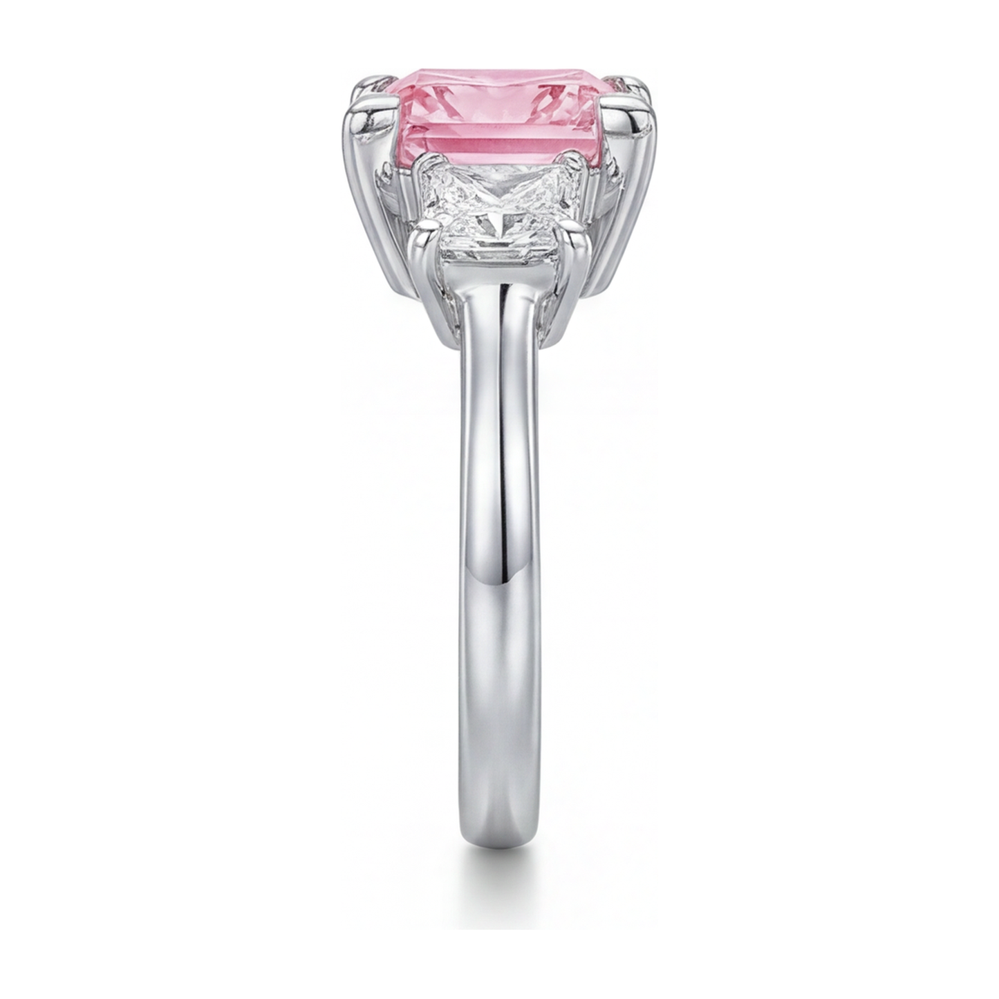 Anello a tre pietre con diamante rosa da laboratorio da 3,5 carati taglio princess in Oro Bianco 14K