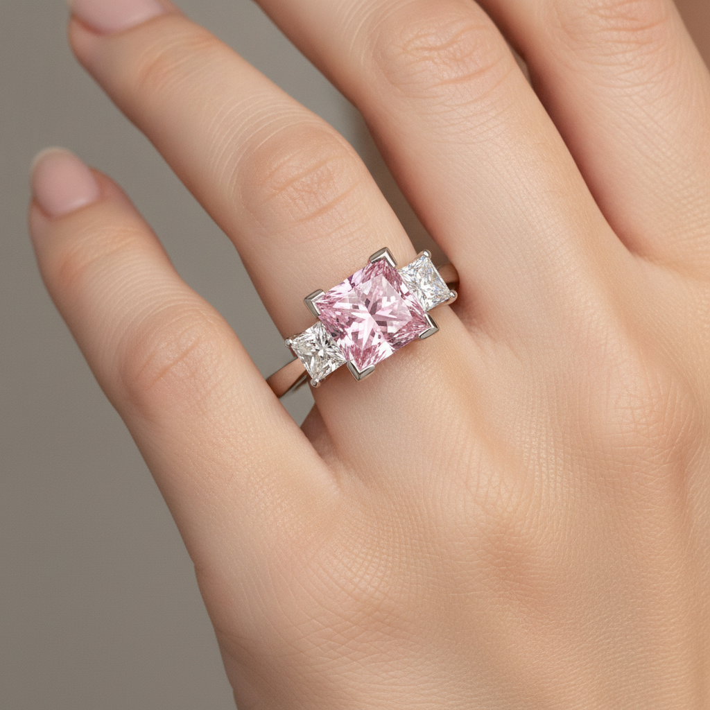 Anello a tre pietre con diamante rosa da laboratorio da 3,5 carati taglio princess in Oro Bianco 14K