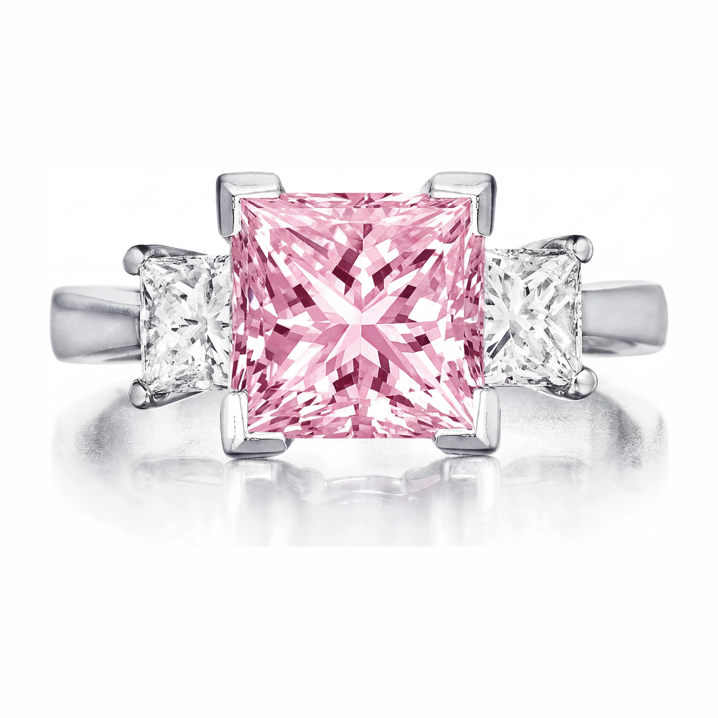 Anello a tre pietre con diamante rosa da laboratorio da 3,5 carati taglio princess in Oro Bianco 14K