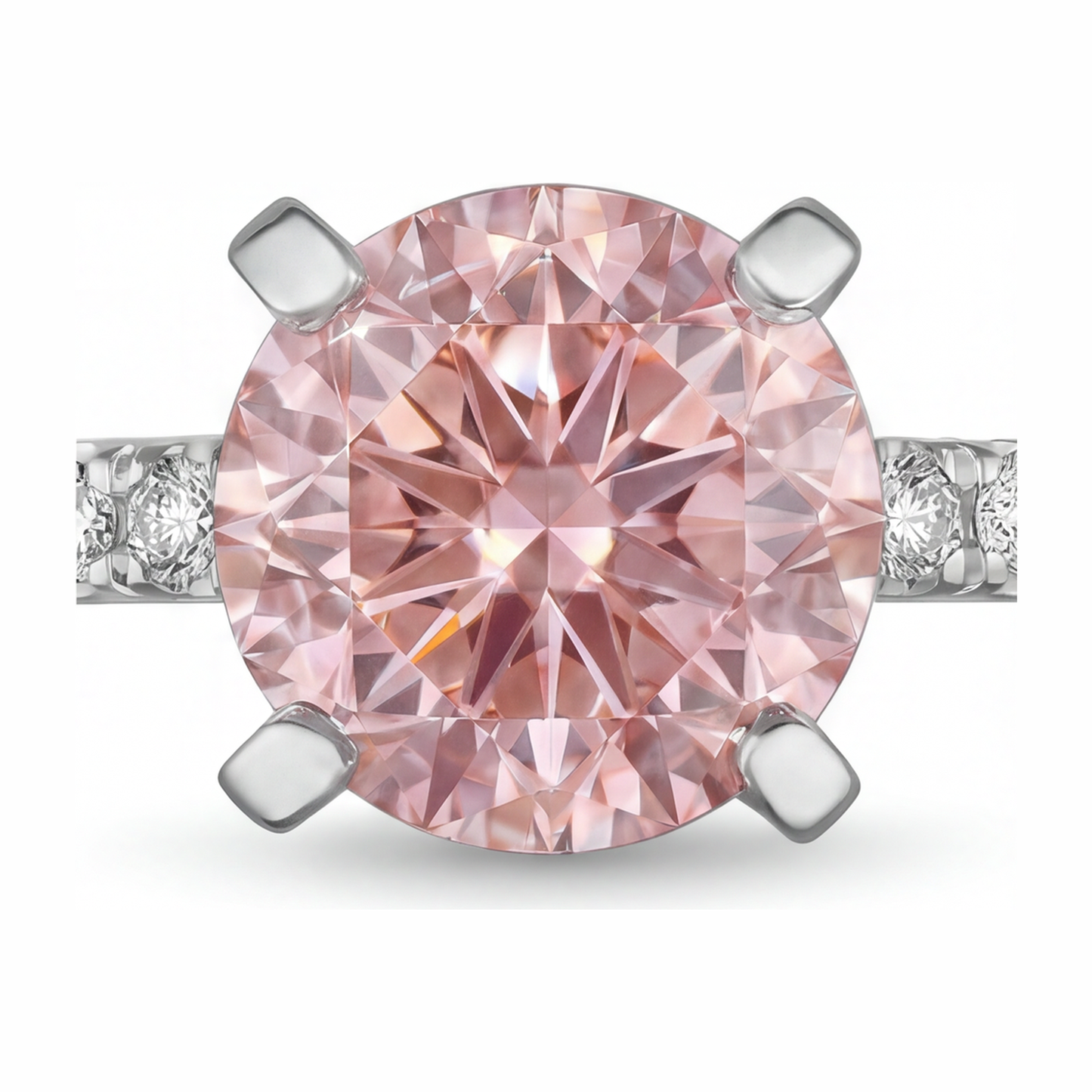 Anello con diamante rosa da laboratorio da 3,5 carati taglio rotondo con pavé in oro bianco 14K