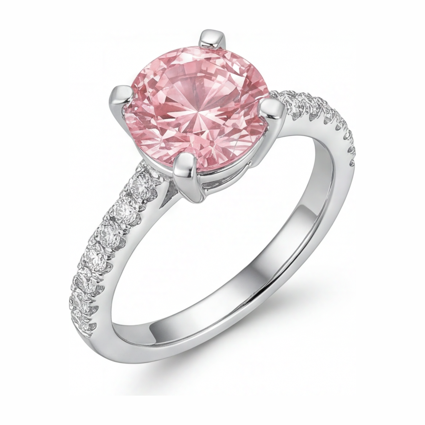 Anello di Fidanzamento con Diamante Rosa da Laboratorio da 3,5 Carati Taglio Rotondo Pavé Cattedrale in Oro Bianco 14K