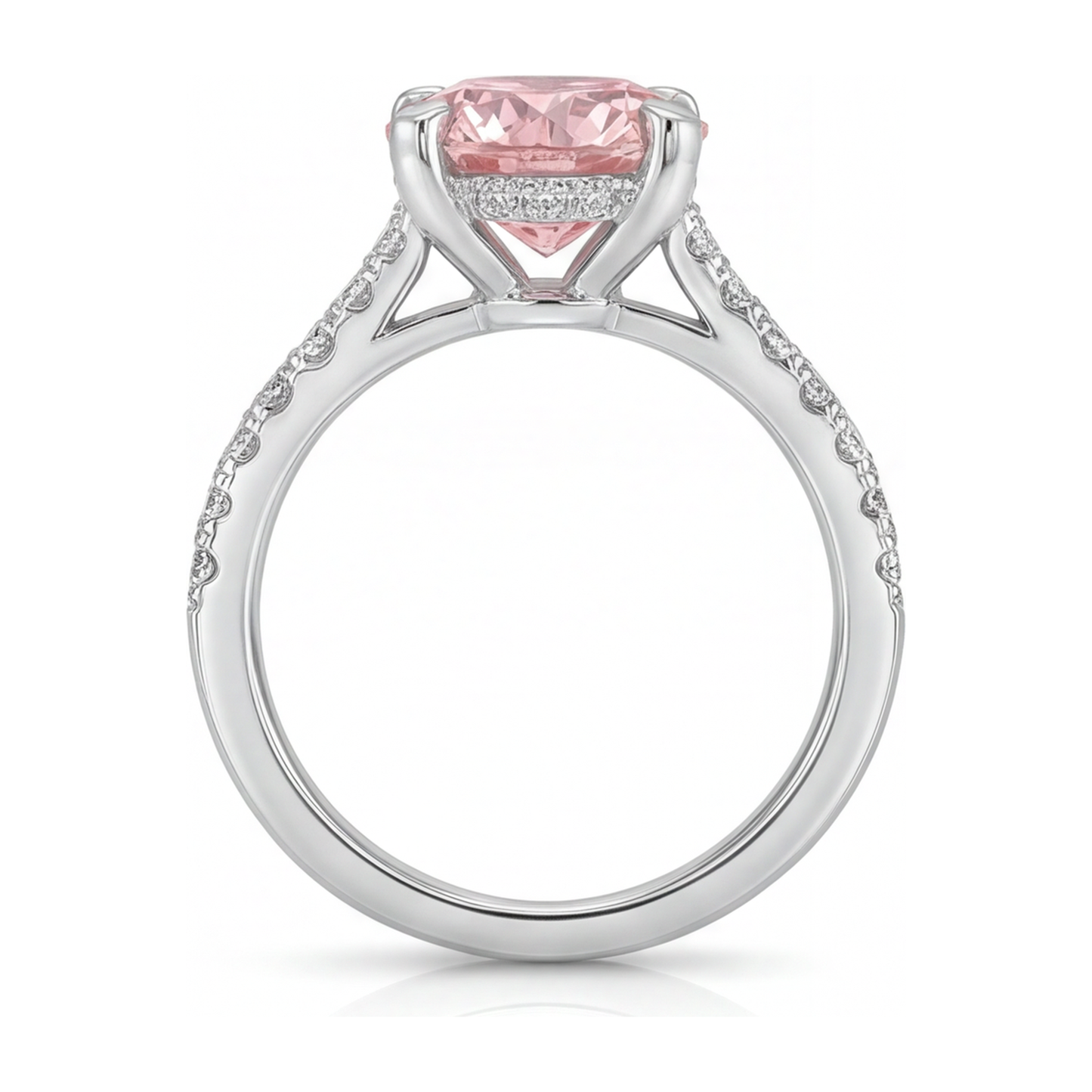 Anello con diamante rosa da laboratorio da 3,5 carati taglio rotondo con pavé in oro bianco 14K