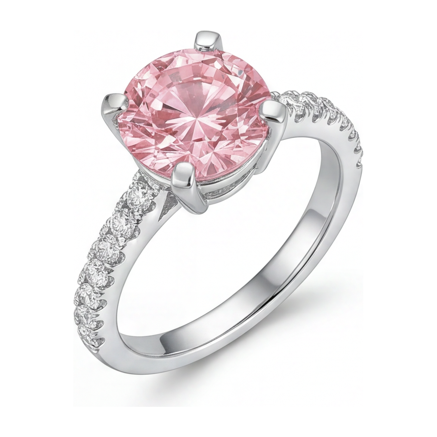 Anello di Fidanzamento con Diamante Rosa da Laboratorio da 3,5 Carati Taglio Rotondo Pavé Cattedrale in Oro Bianco 14K