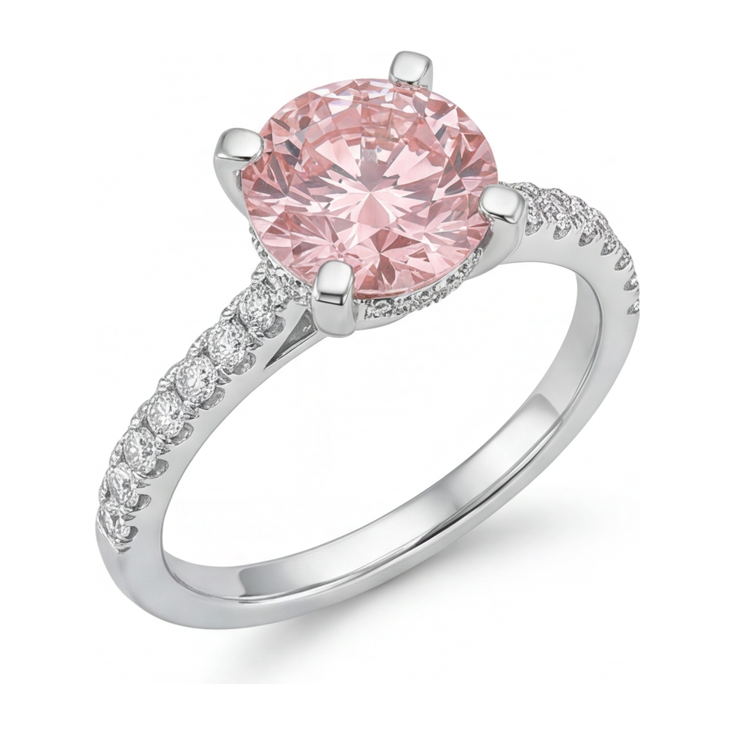 Anello con diamante rosa da laboratorio da 3,5 carati taglio rotondo con pavé in oro bianco 14K