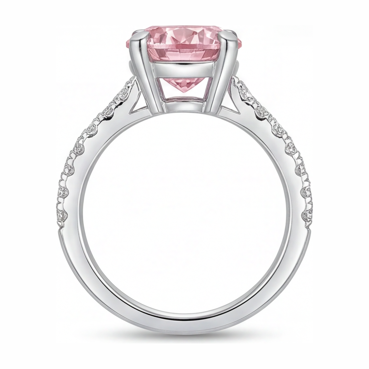 Anello di Fidanzamento con Diamante Rosa da Laboratorio da 3,5 Carati Taglio Rotondo Pavé Cattedrale in Oro Bianco 14K
