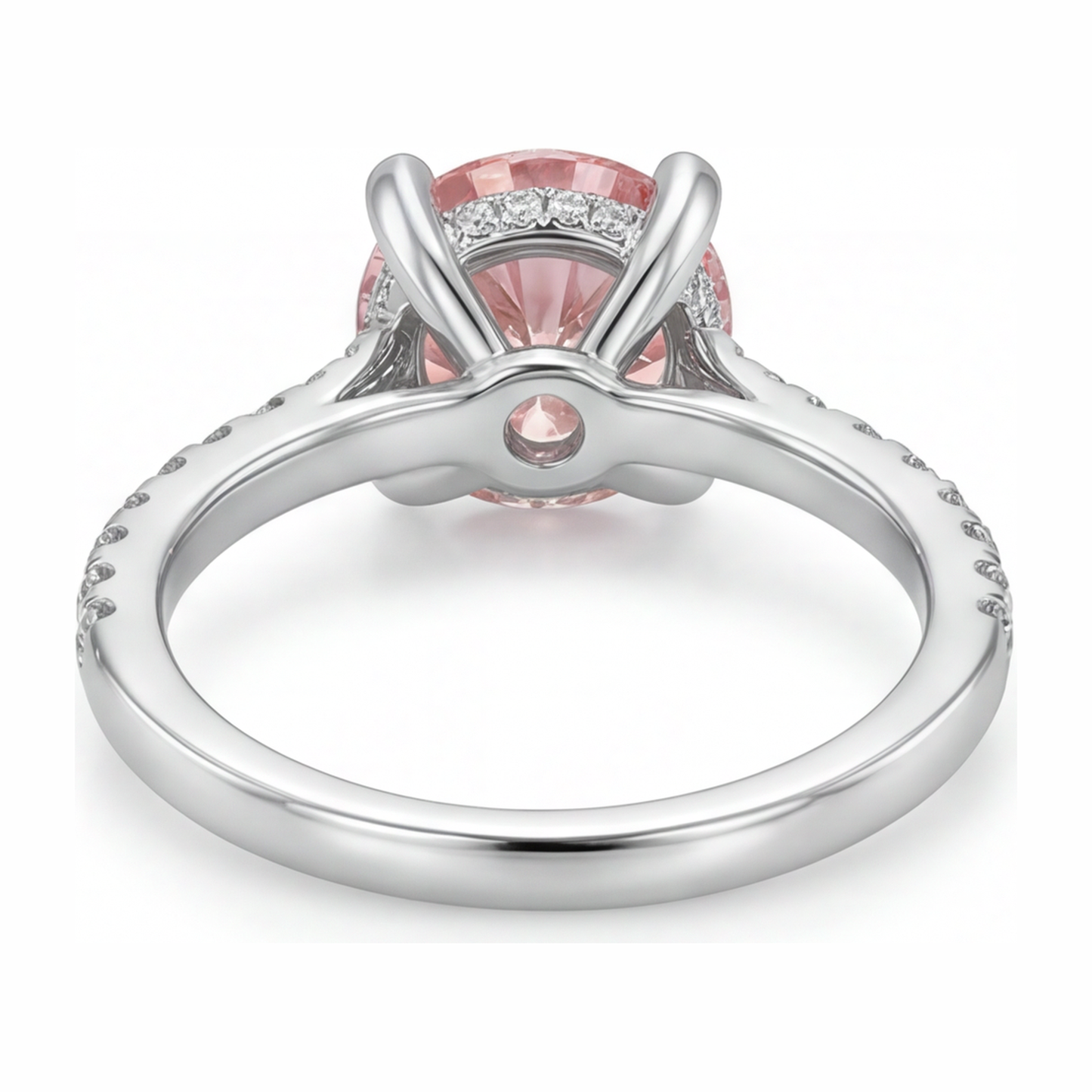 Anello con diamante rosa da laboratorio da 3,5 carati taglio rotondo con pavé in oro bianco 14K