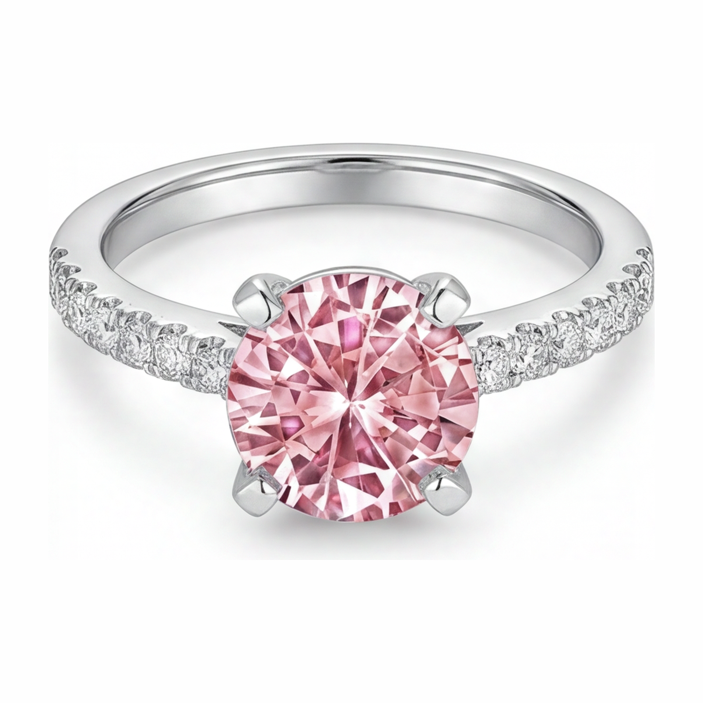 Anello di Fidanzamento con Diamante Rosa da Laboratorio da 3,5 Carati Taglio Rotondo Pavé Cattedrale in Oro Bianco 14K
