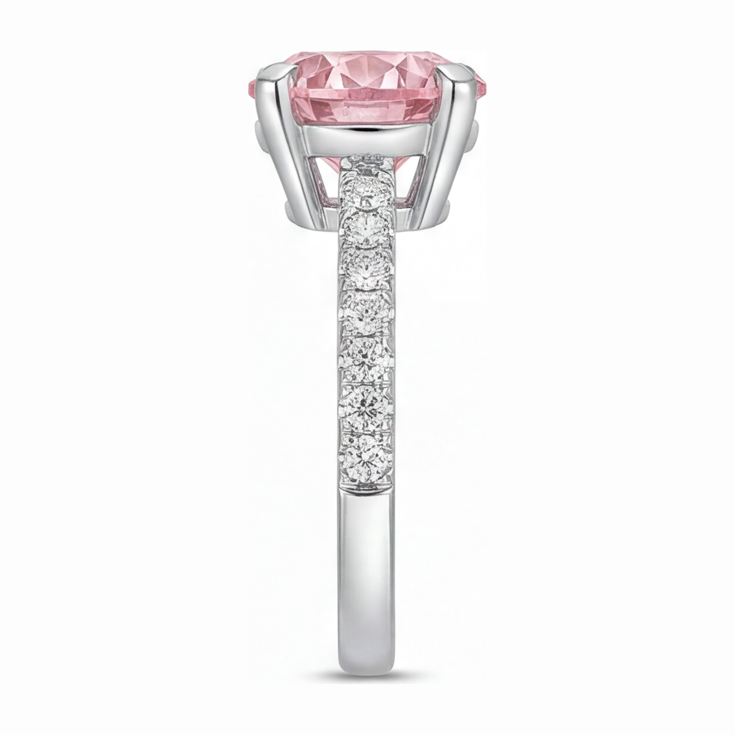 Anello di Fidanzamento con Diamante Rosa da Laboratorio da 3,5 Carati Taglio Rotondo Pavé Cattedrale in Oro Bianco 14K