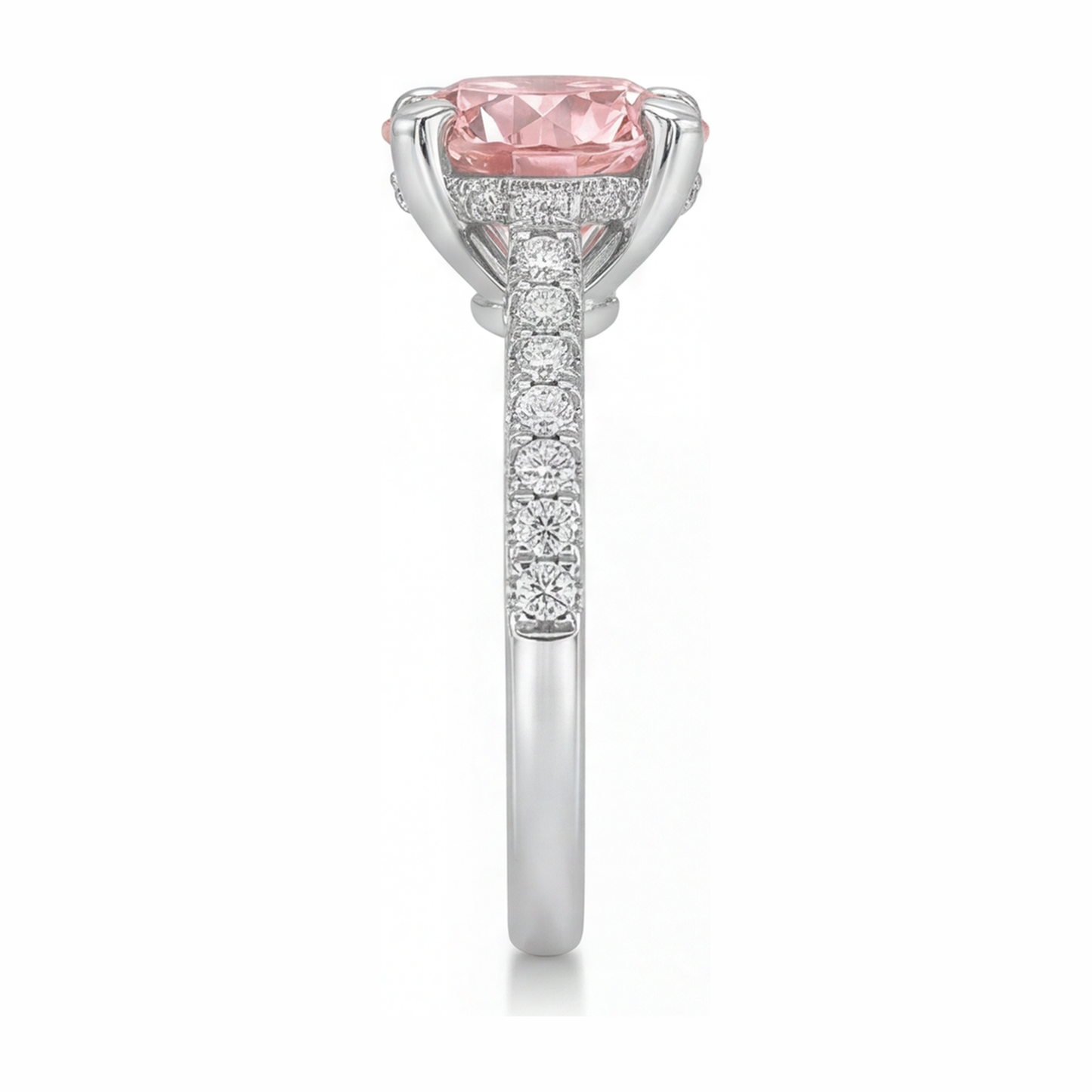 Anello con diamante rosa da laboratorio da 3,5 carati taglio rotondo con pavé in oro bianco 14K