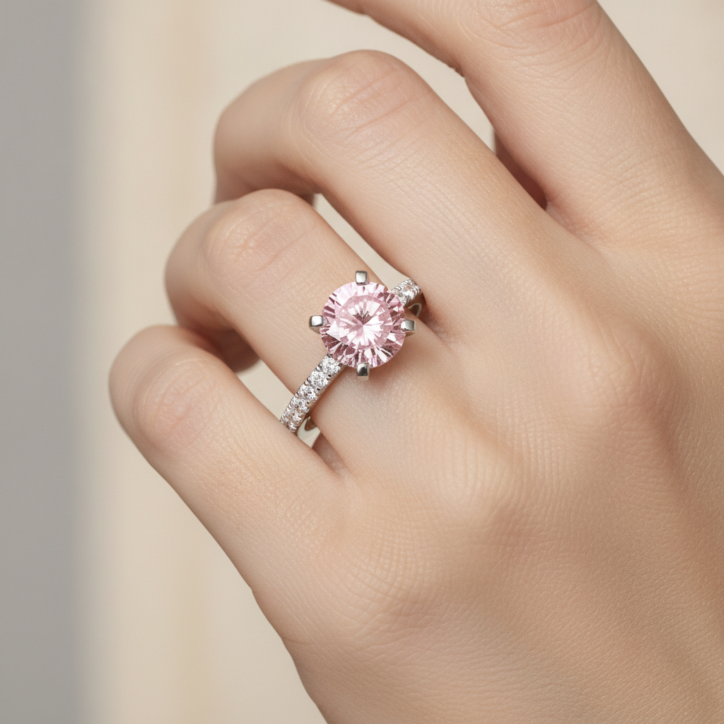 Anello di Fidanzamento con Diamante Rosa da Laboratorio da 3,5 Carati Taglio Rotondo Pavé Cattedrale in Oro Bianco 14K