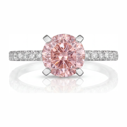 Anello con diamante rosa da laboratorio da 3,5 carati taglio rotondo con pavé in oro bianco 14K