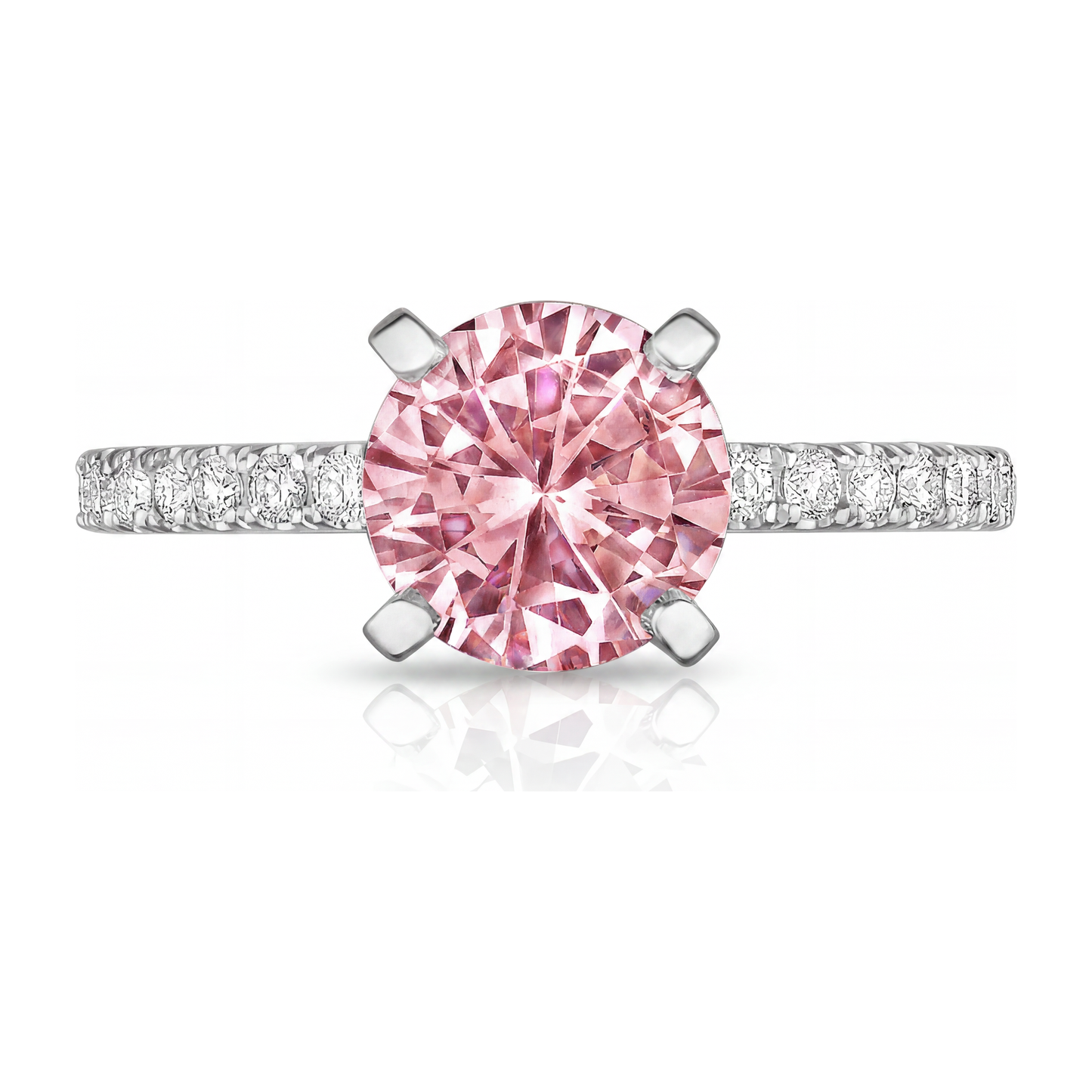 Anello di Fidanzamento con Diamante Rosa da Laboratorio da 3,5 Carati Taglio Rotondo Pavé Cattedrale in Oro Bianco 14K