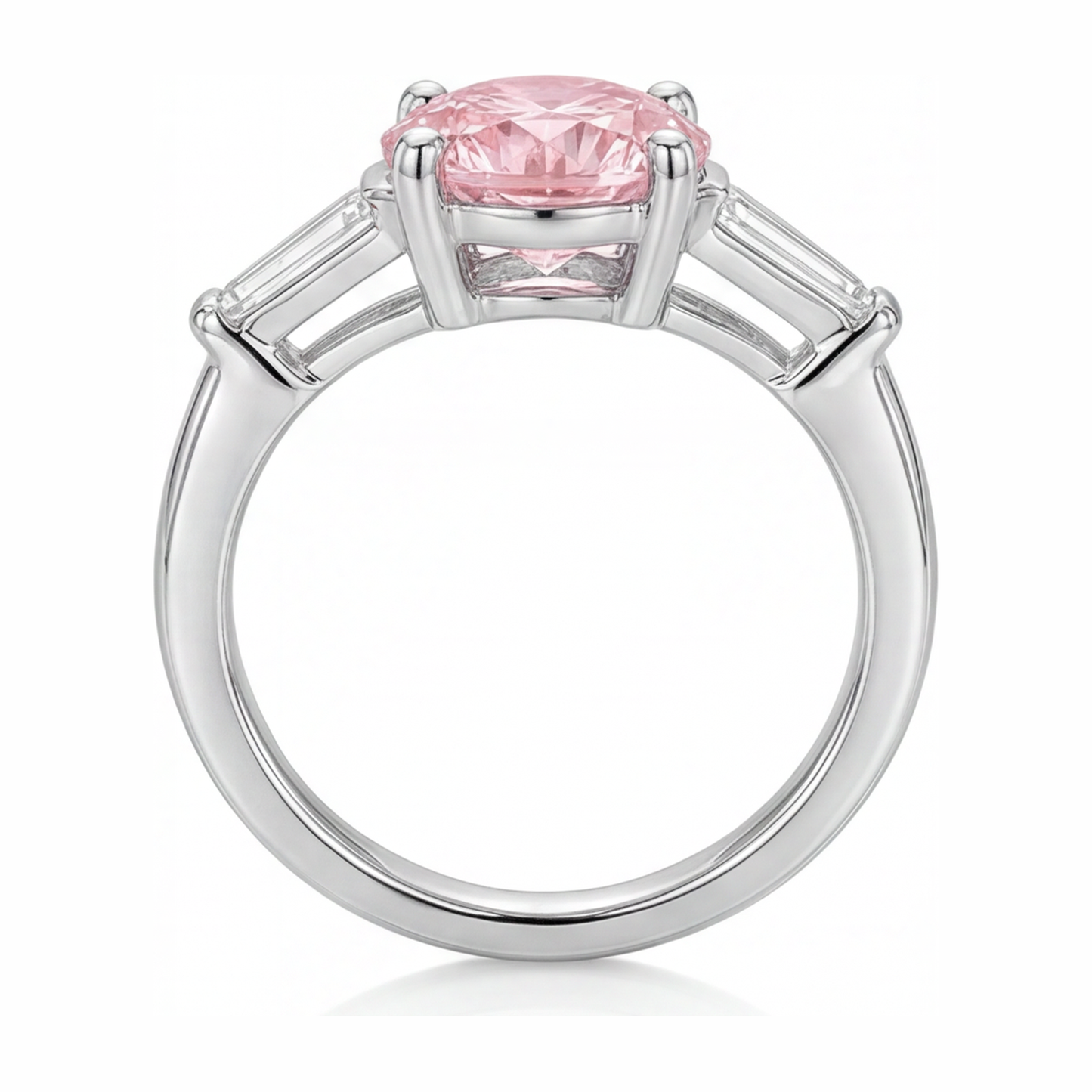 Anello a tre pietre con diamante rosa da laboratorio taglio rotondo da 3,5 carati in oro bianco 14K