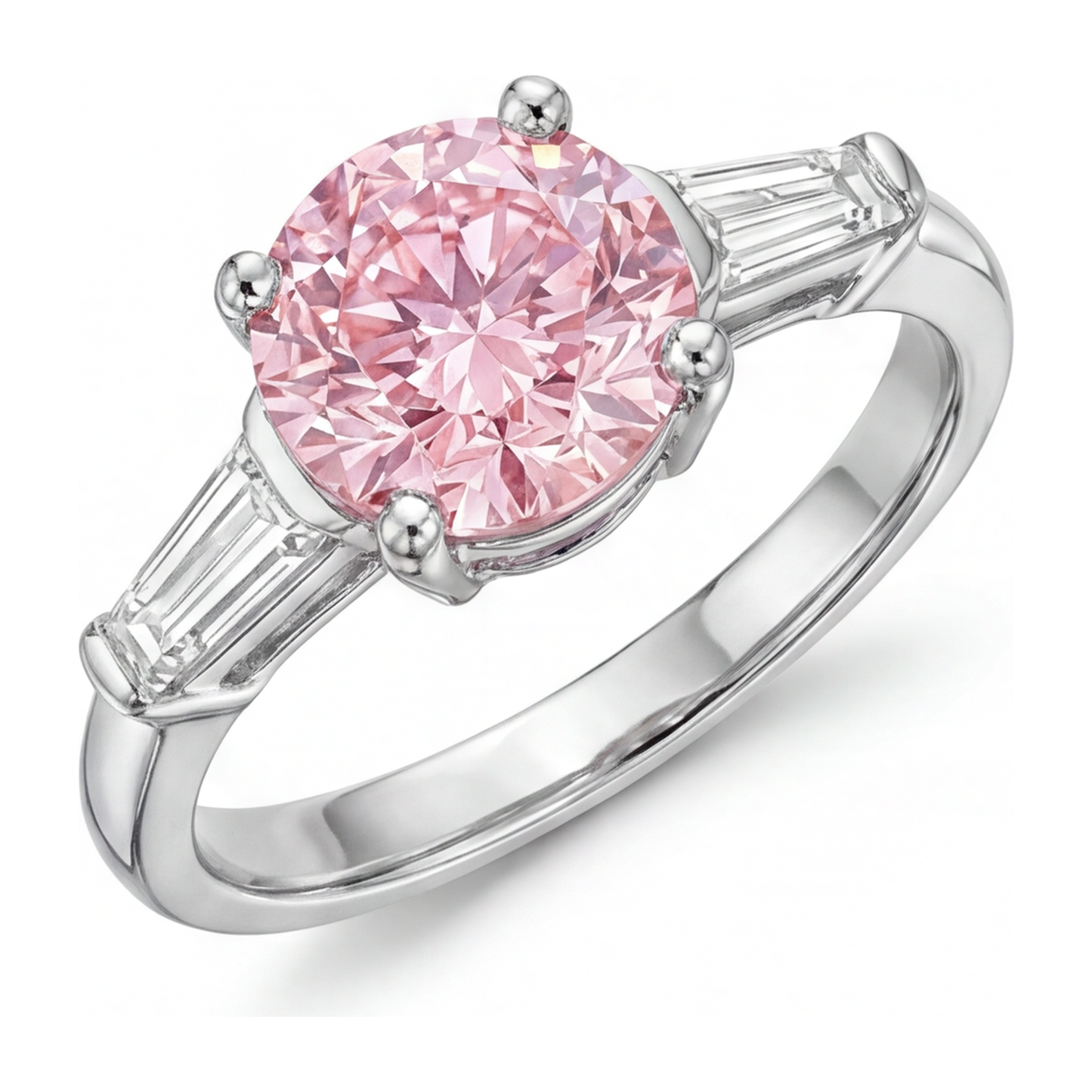 Anello a tre pietre con diamante rosa da laboratorio taglio rotondo da 3,5 carati in oro bianco 14K