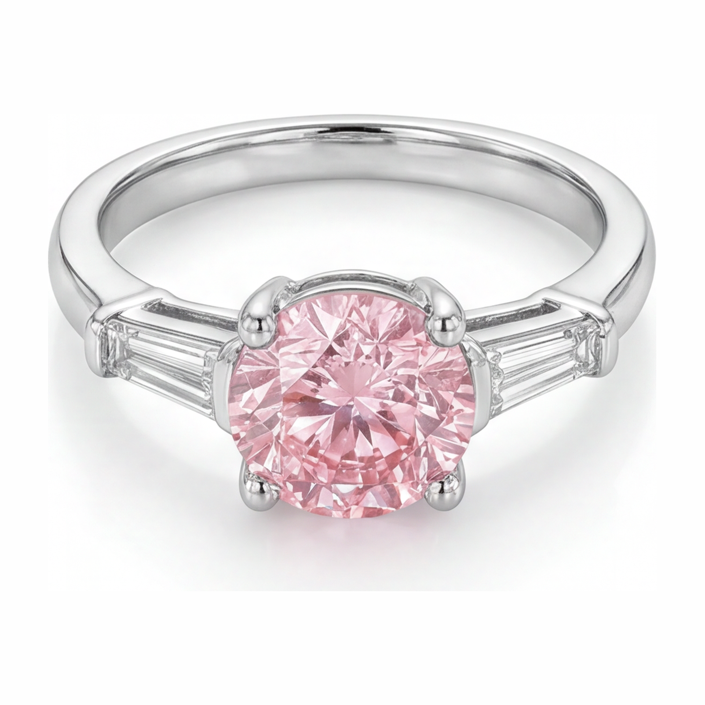Anello a tre pietre con diamante rosa da laboratorio taglio rotondo da 3,5 carati in oro bianco 14K